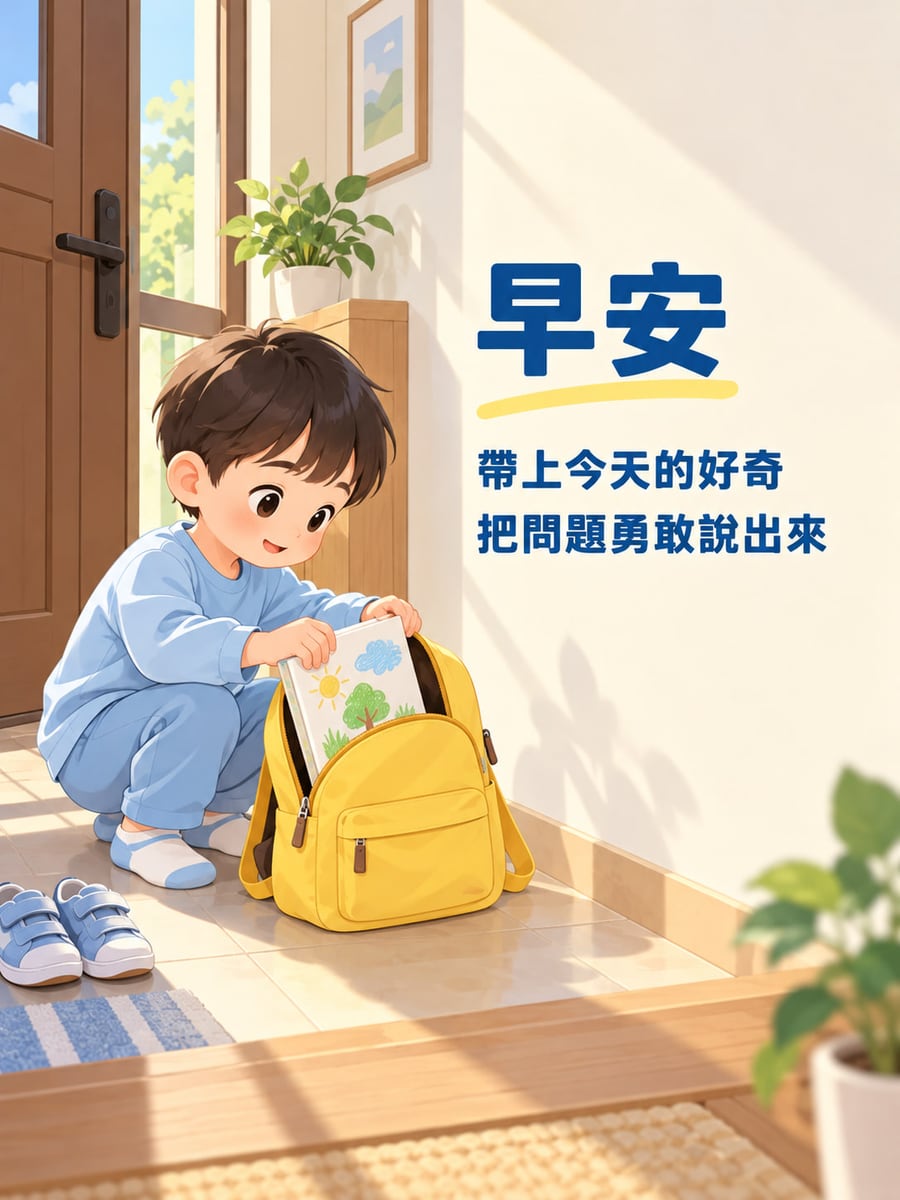 好奇裝進背包。一名淺藍上衣長褲幼童在有晨光的玄關蹲著，雙手拿無字圖畫本放入黃色背包；左下有整齊的鞋，身後有盆栽。 圖中文字：早安，帶上今天的好奇，把問題勇敢說出來