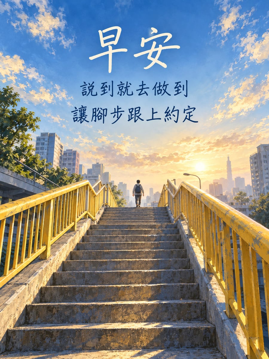 腳步跟上約定。台灣城市行人天橋階梯自前景向上延伸，兩側黃色扶手框住一名遠處背包成人背影；遠處有高樓與細高塔，日出光映在天空及階梯上。 圖中文字：早安，說到就去做到，讓腳步跟上約定