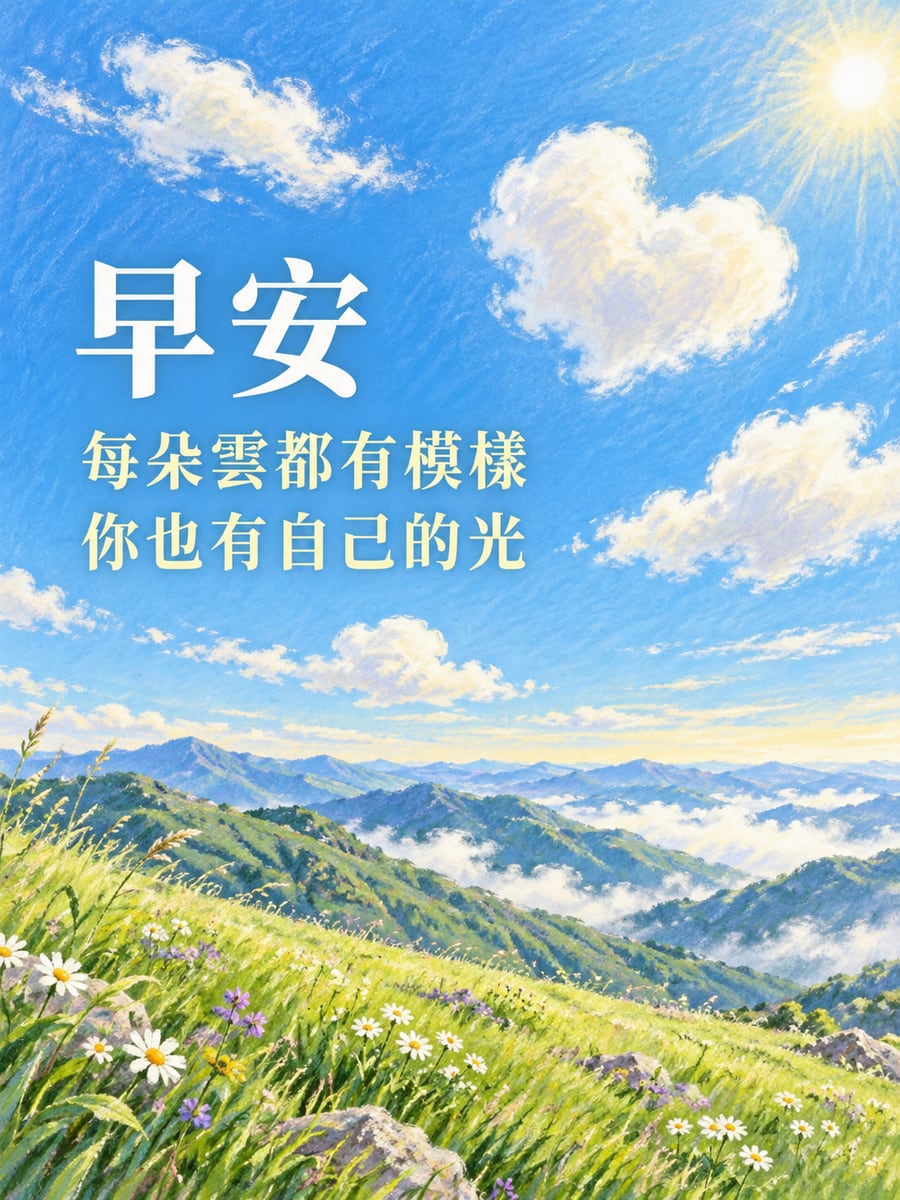 每朵雲的模樣。晴朗山坡與層疊青綠山稜延伸到遠處，草坡前緣有白色與紫色小野花；上方藍天有多朵不同形狀白雲，右上晨日照亮畫面。 圖中文字：早安，每朵雲都有模樣，你也有自己的光