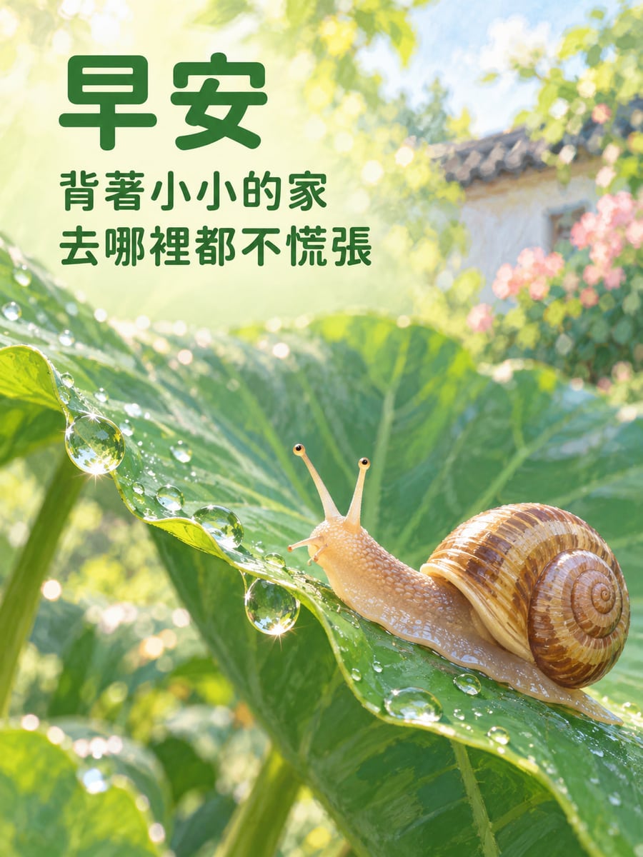 帶著小小的家。一隻陶土棕殼蝸牛在掛著透明露珠的芋葉邊緣向左爬行，背景是明亮庭院綠葉與柔焦花朵，遠處可見一段無字矮牆。 圖中文字：早安，背著小小的家，去哪裡都不慌張