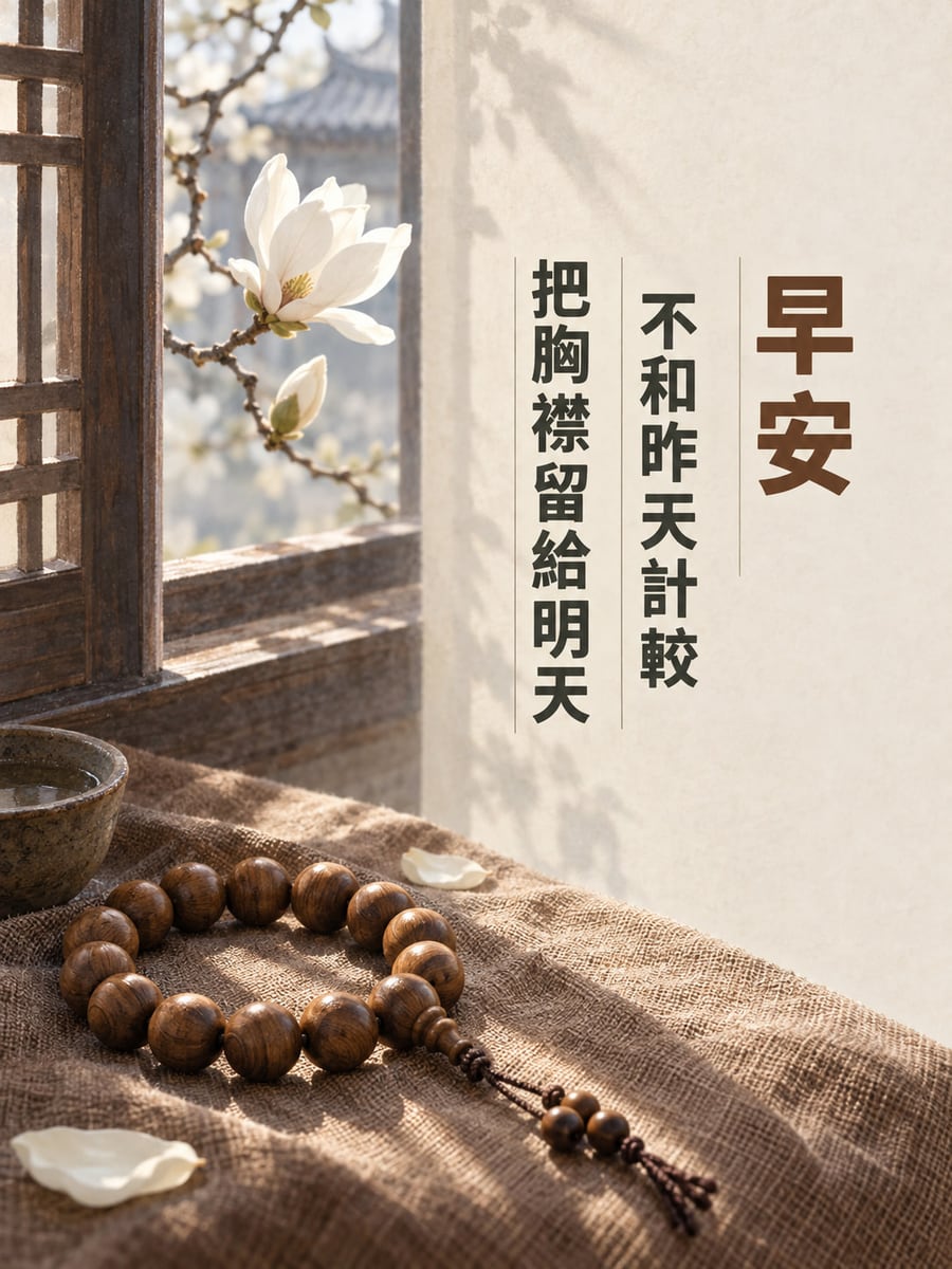 胸襟留給明天。一串木紋念珠環放在寺院木窗邊的茶褐粗布上，窗外白玉蘭與遠處屋瓦柔焦；左邊露出一角陶碗，布上有少量白色花瓣。 圖中文字：早安，不和昨天計較，把胸襟留給明天