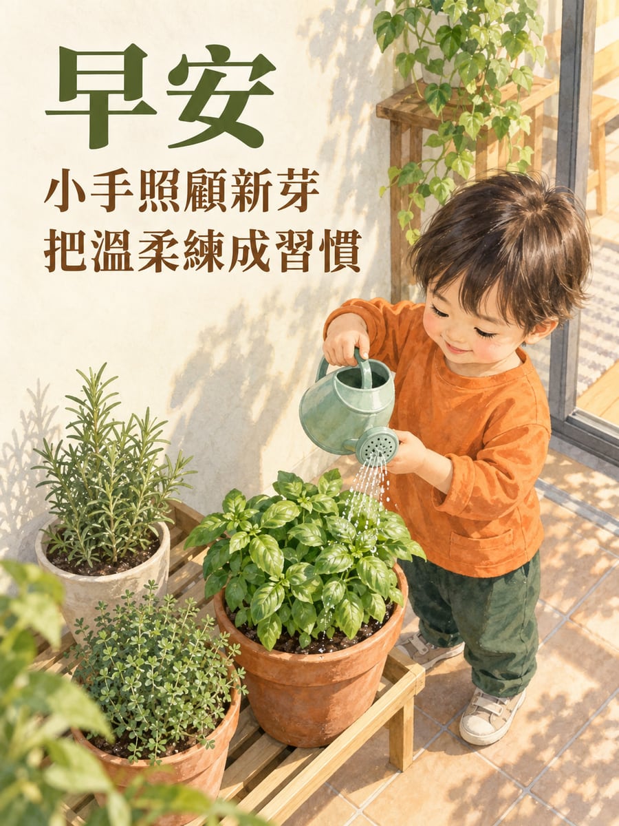 溫柔照顧新芽。一名橘色上衣深綠長褲幼童在陽台地面雙手拿小澆水壺，替木架上的羅勒澆水；旁邊有兩盆香草，背景高處有垂葉盆栽。 圖中文字：早安，小手照顧新芽，把溫柔練成習慣