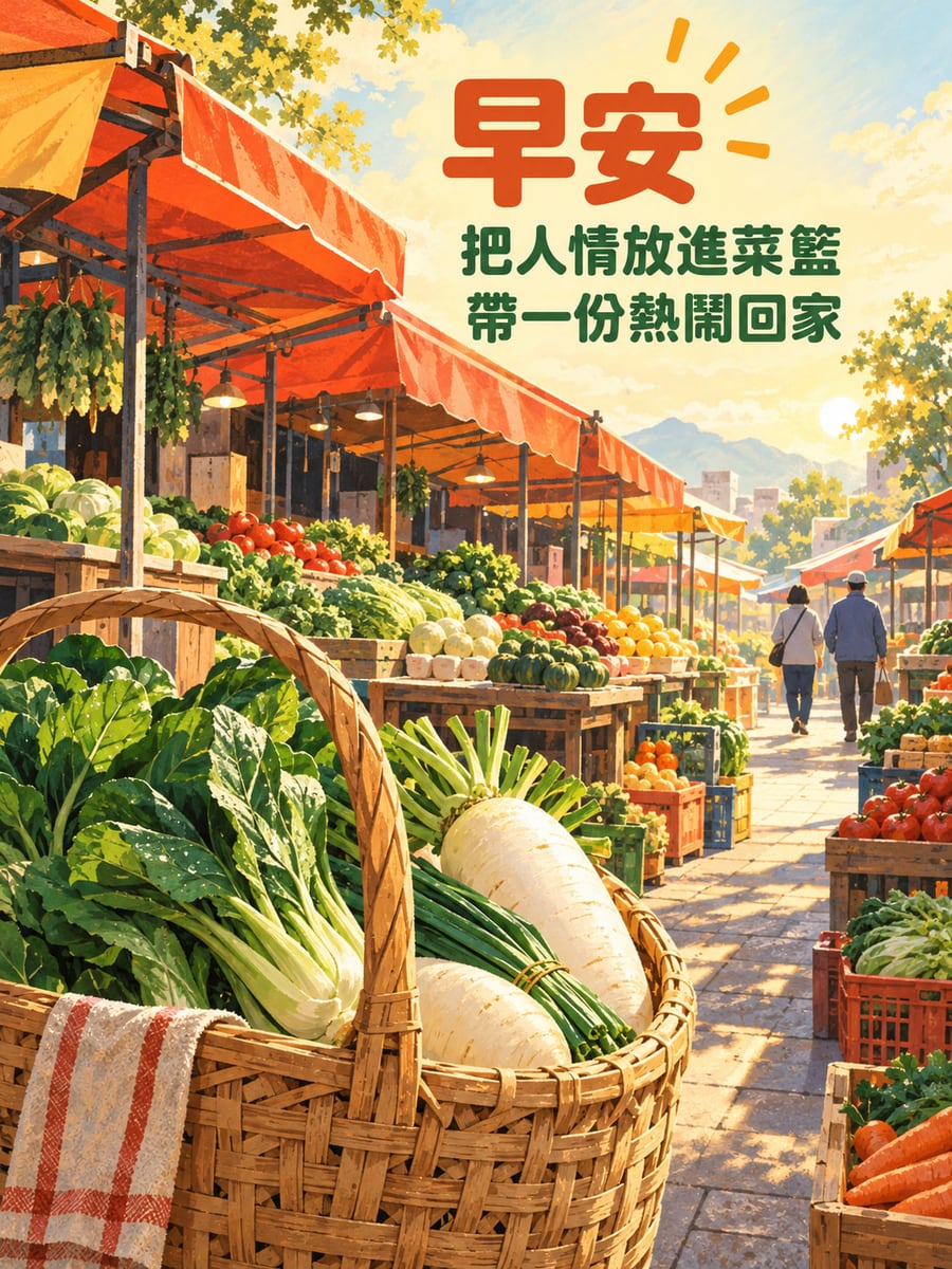 菜籃裡的人情。台灣早市前景竹籃裝著葉菜、白蘿蔔與蔥，紅橘雨棚下蔬果攤延伸到遠方；右側通道只有兩個普通成人背影，所有攤位與遠景無其他人物。 圖中文字：早安，把人情放進菜籃，帶一份熱鬧回家
