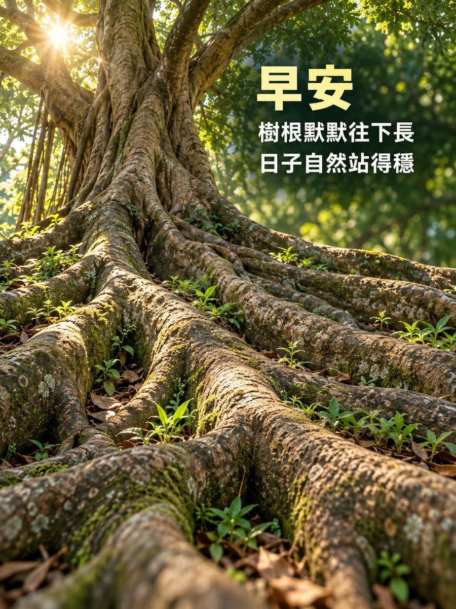 日子站得穩。老榕樹粗壯樹幹位於左上，板根沿地面延伸到前景；根縫有少量嫩草、落葉與苔蘚，左上葉隙灑下金色晨光。 圖中文字：早安，樹根默默往下長，日子自然站得穩