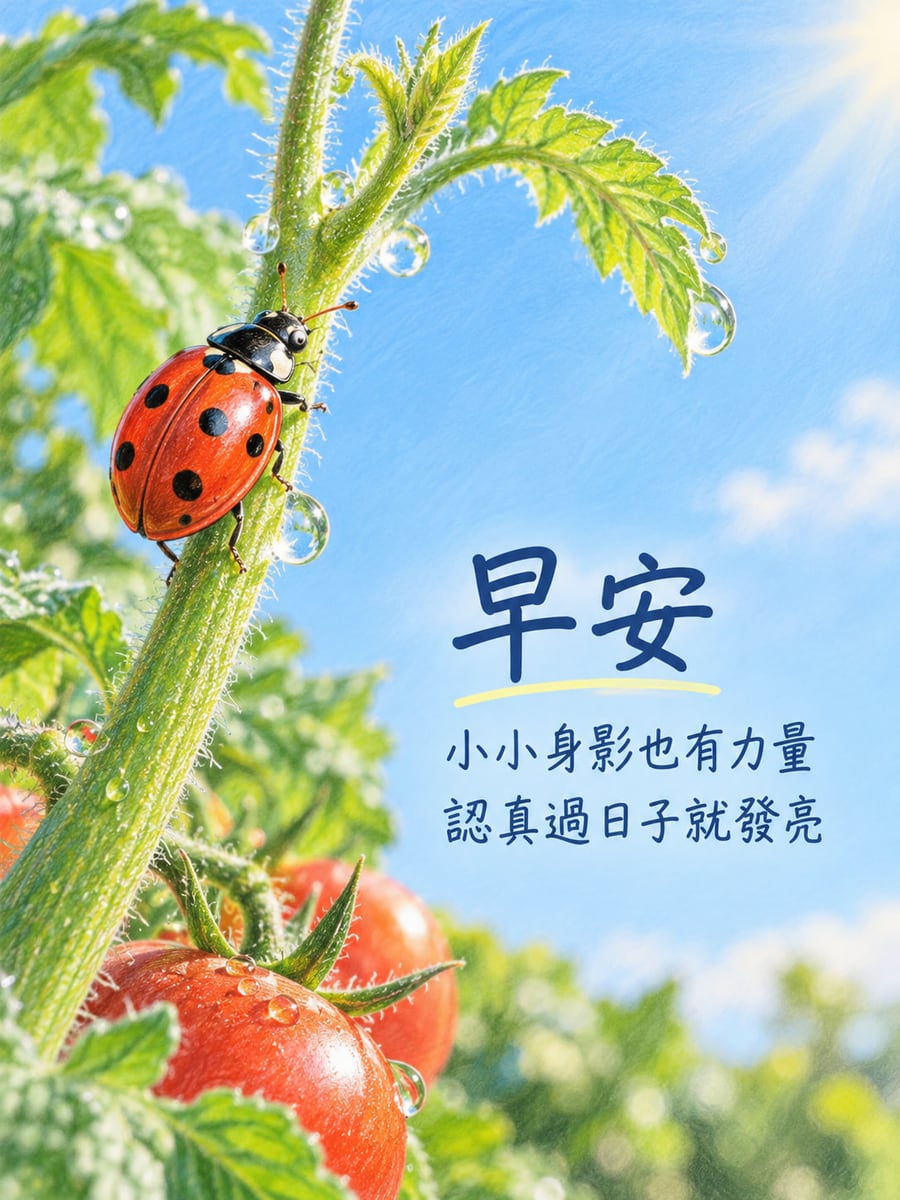 小身影也發亮。一隻紅色黑斑瓢蟲攀在番茄嫩梗上，兩個觸角與近側三足清楚；葉子、嫩梗及下方紅番茄上有露珠，右側是淡藍晴空。 圖中文字：早安，小小身影也有力量，認真過日子就發亮