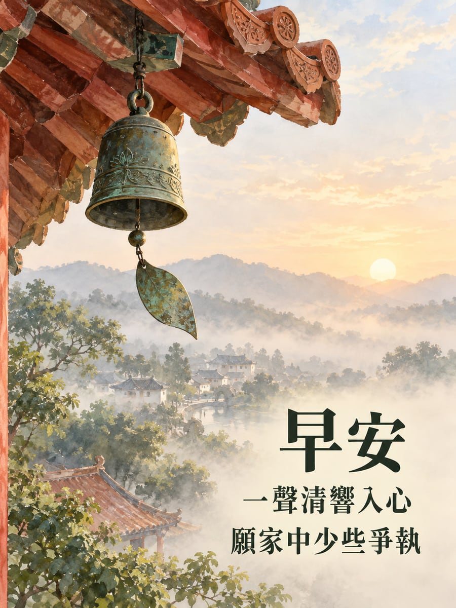 清響入家門。水彩風紅瓦廟簷與左上青銅蓮紋風鈴，遠方是有橋、河道、白屋與山巒的晨霧村落，右下深綠明體文字。 圖中文字：早安，一聲清響入心，願家中少些爭執