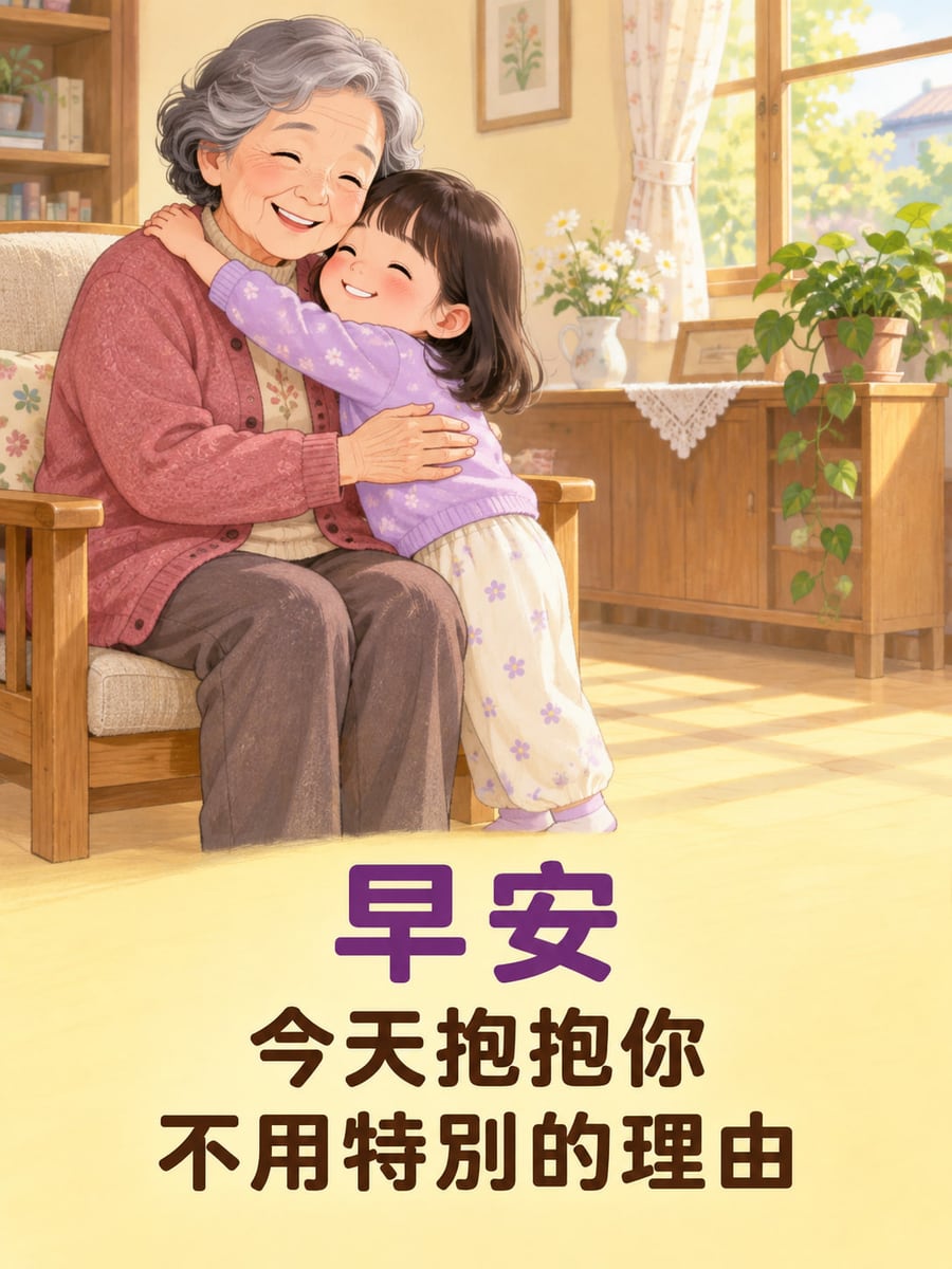 抱抱不需理由。粉彩童書風祖孫在客廳相擁，奶奶穿粉紅開襟衫與褐長褲坐木椅，幼童穿紫衣花褲踮足擁抱；下方淡黃留白置中紫褐文字。 圖中文字：早安，今天抱抱你，不用特別的理由