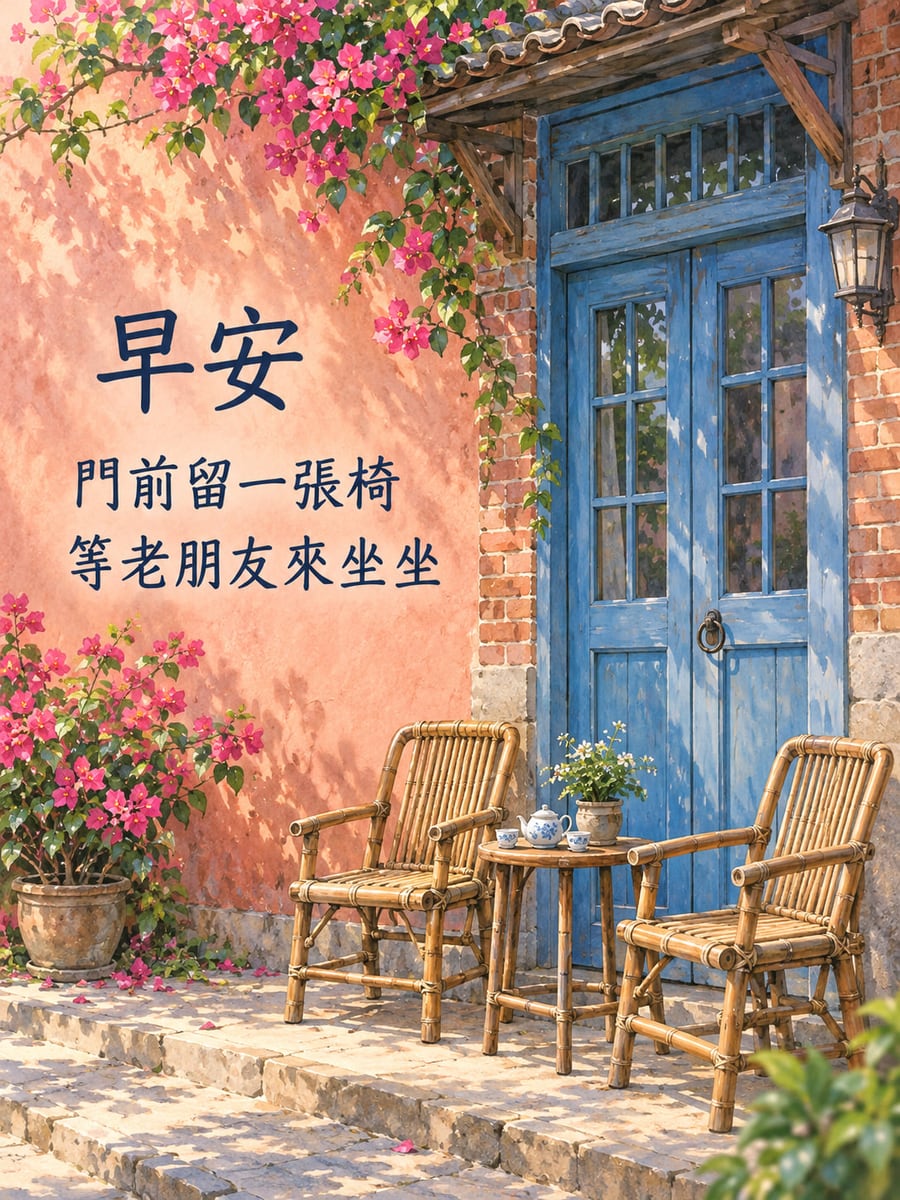 留張椅子等你。粉磚牆與藍色舊木門前有兩張竹椅、小圓竹桌與青花茶壺茶杯，左側和上緣九重葛盛開；左中深藍硬筆手寫文字。 圖中文字：早安，門前留一張椅，等老朋友來坐坐