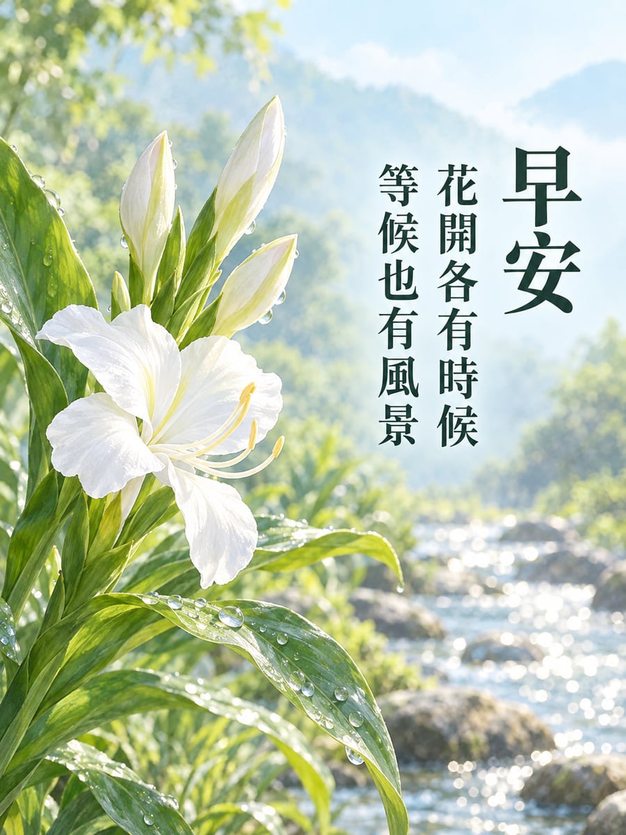 等候有風景。白色百合形花朵在左側盛開，三個長形花苞向上，綠葉有露珠，右後方溪水散景閃亮；右側深綠三欄直排明體字。 圖中文字：早安，花開各有時候，等候也有風景
