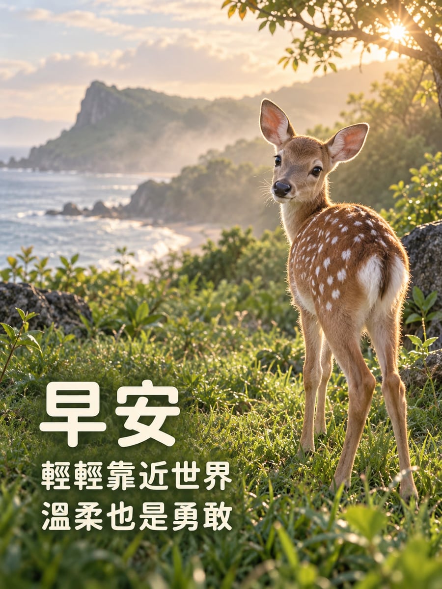 溫柔也勇敢。晨光逆照斑點幼鹿在右側草地回頭，後方可見南台灣風格海灣、岩岸山稜與林木；左下奶白圓潤黑體文字。 圖中文字：早安，輕輕靠近世界，溫柔也是勇敢