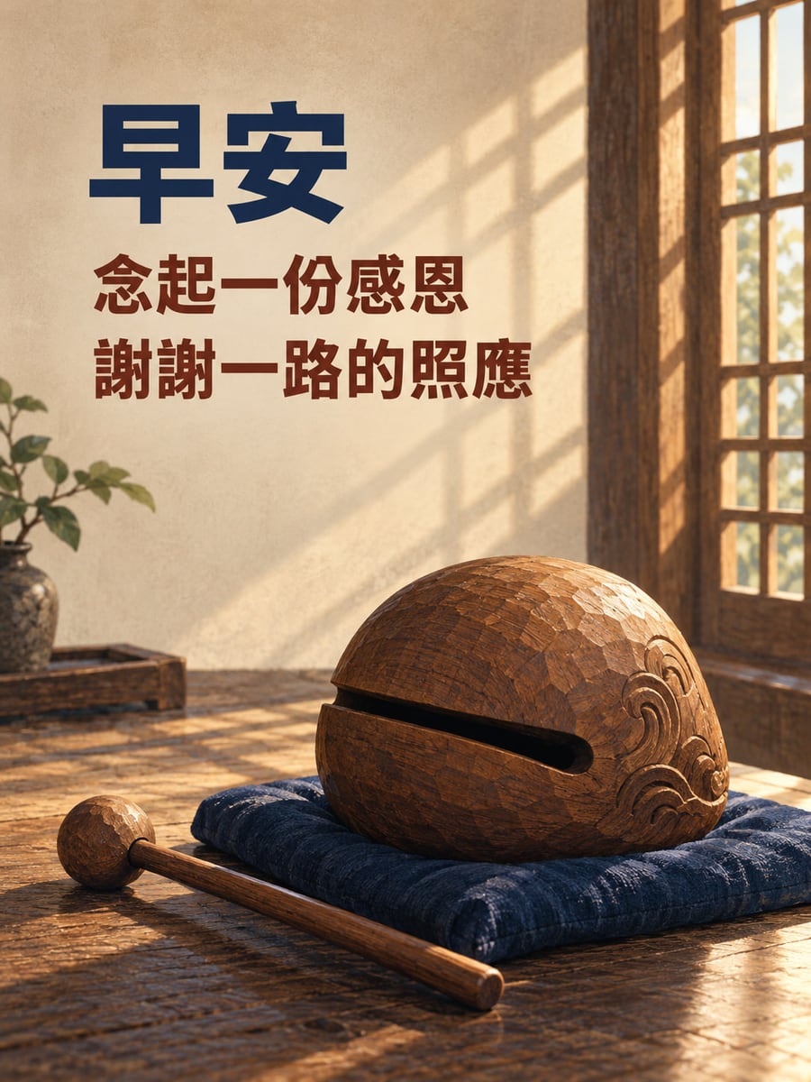 感謝一路照應。一只木魚放在深藍布墊上，木槌斜置前方，右側木窗格灑入金色晨光，左上米牆為藍色粗黑體標題與褐紅祝福。 圖中文字：早安，念起一份感恩，謝謝一路的照應