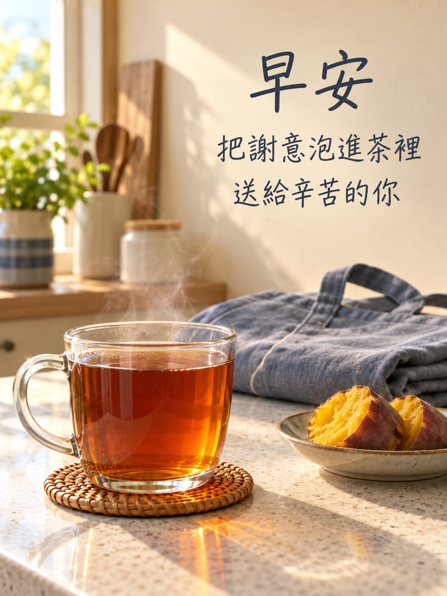 給辛苦的你。圖中文字：早安，把謝意泡進茶裡，送給辛苦的你