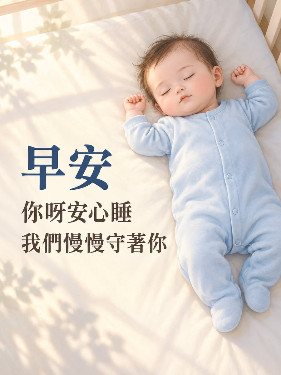 安心睡一會。仰躺入睡的虛構嬰兒穿淡藍色連身衣在右側，雙手自然舉起，白色平坦床單與淡木嬰兒床邊框，左中藍褐明體文字。 圖中文字：早安，你呀安心睡，我們慢慢守著你