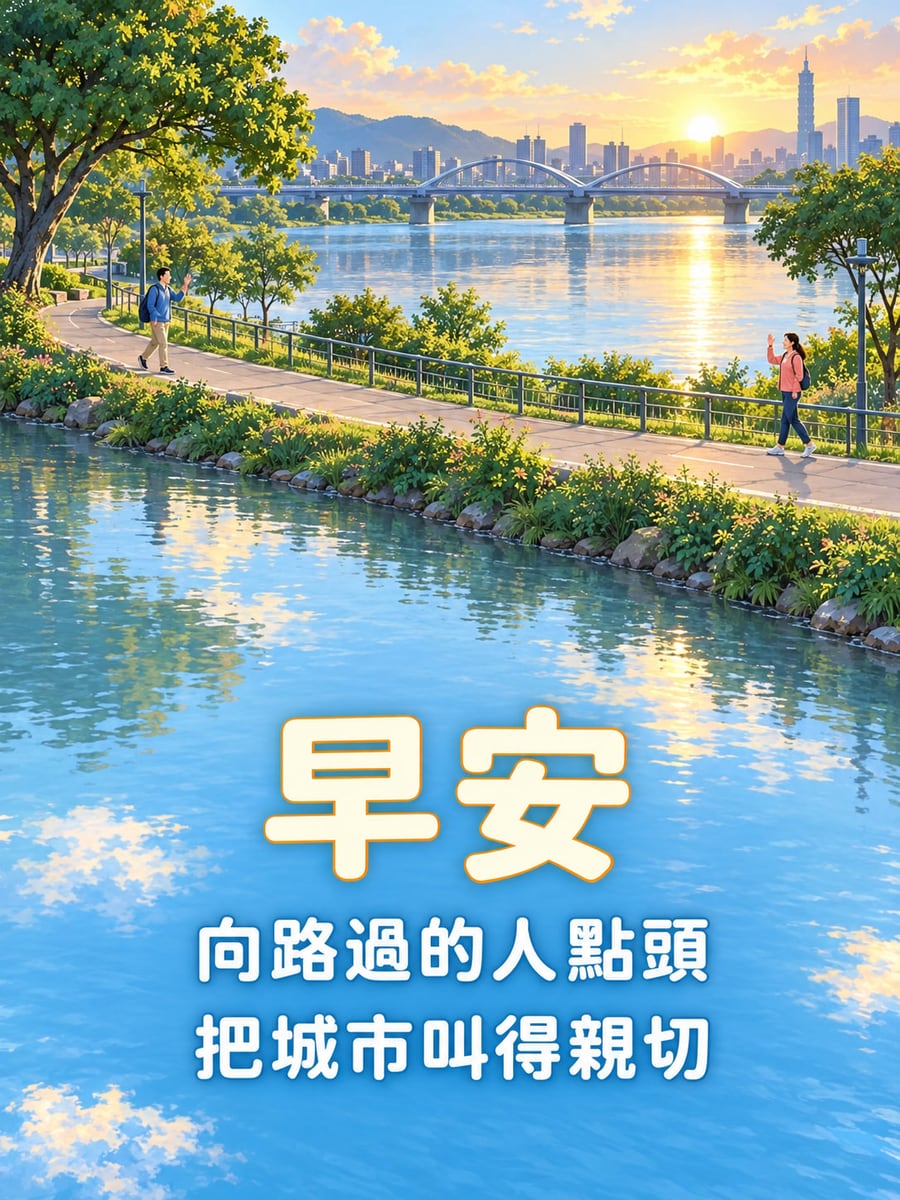 把城市叫親切。台北河濱意象，弧形人行步道旁兩位普通成人抬手問候，遠方雙拱橋與含台北101形態的城市天際線；下方藍色水面置中黃白圓體文字。 圖中文字：早安，向路過的人點頭，把城市叫得親切