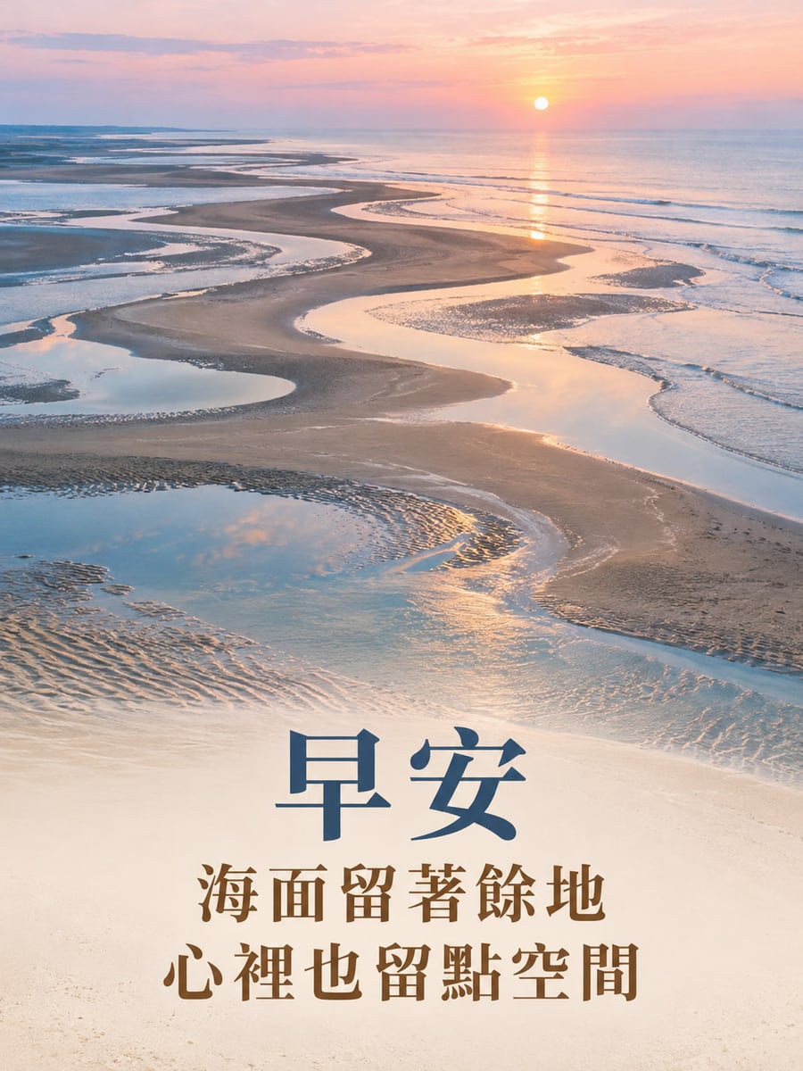 潮間留白。蜿蜒沙洲與淺潮水延伸向海面，水面映著粉橘天空與低日光，近處沙面形成素淨字區。 圖中文字：早安，海面留著餘地，心裡也留點空間