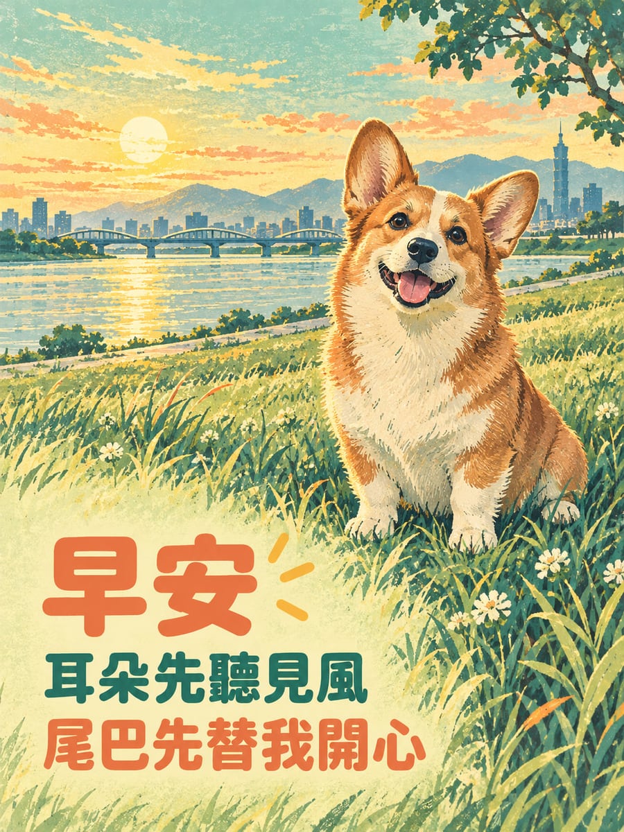 尾巴先開心。一隻橘白柯基坐在河濱青草間，雙耳立起、張嘴吐舌；背景有河面、拱橋、城市天際線與低日光。 圖中文字：早安，耳朵先聽見風，尾巴先替我開心