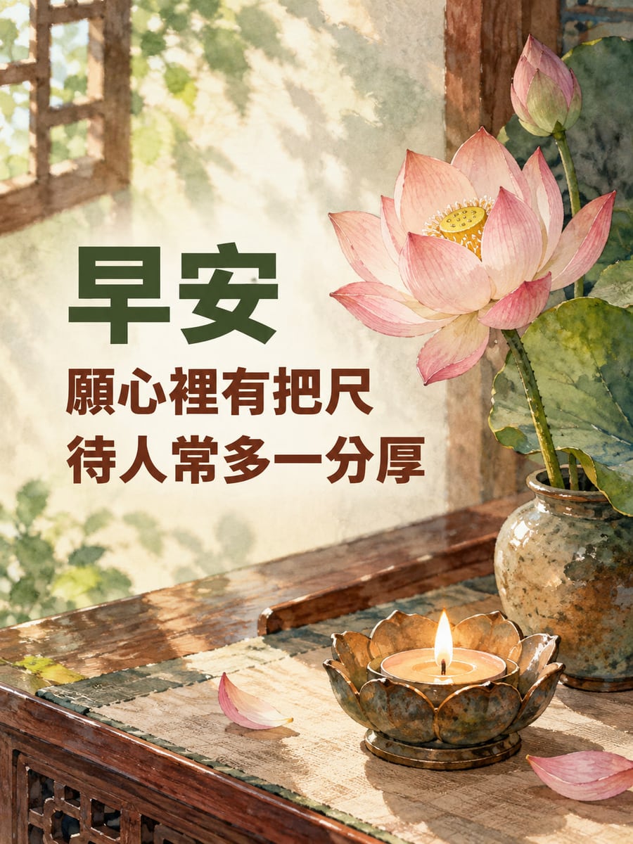 厚道多一分。窗邊木供桌上有粉紅蓮花、花苞和荷葉插在陶瓶，桌面前方點著蓮花造型小燭台，淡窗光映在米白牆上。 圖中文字：早安，願心裡有把尺，待人常多一分厚