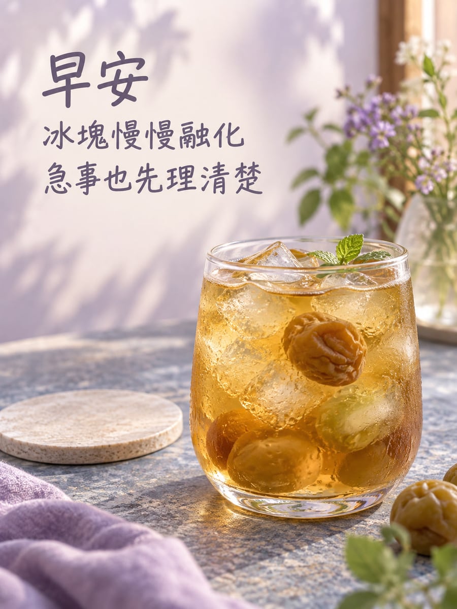 急事先理清。圖中文字：早安，冰塊慢慢融化，急事也先理清楚