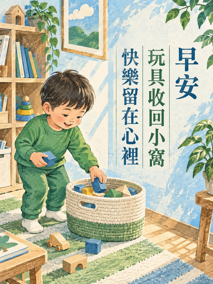 快樂留心裡。一名穿綠色長袖上衣與長褲的幼童彎身把藍色木積木放進編織收納籃，遊戲角有木架、無字書冊、套圈玩具與窗邊盆栽。 圖中文字：早安，玩具收回小窩，快樂留在心裡