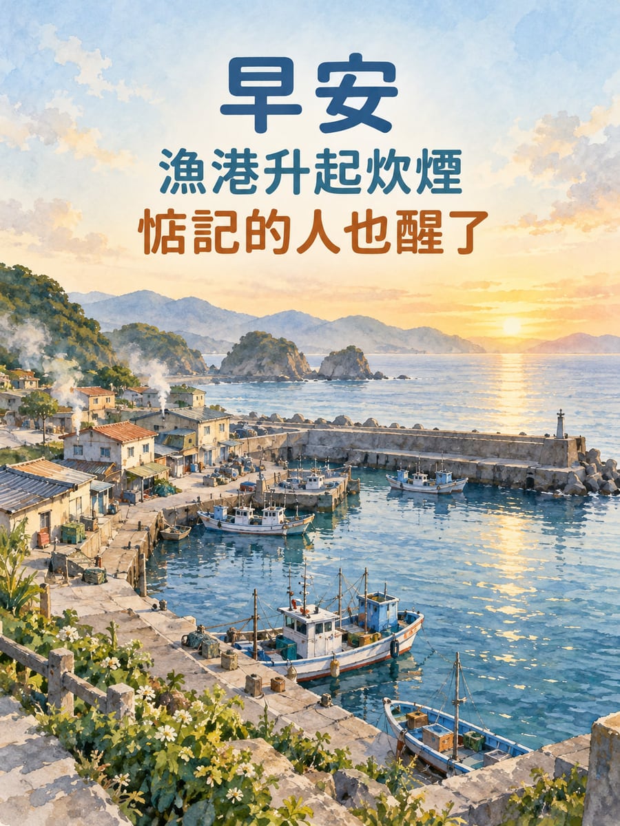 漁港醒來了。幾艘藍白小漁船停在石岸小港裡，岸上低屋升起薄煙，港外可見岩岸、遠山和淡金日光。 圖中文字：早安，漁港升起炊煙，惦記的人也醒了