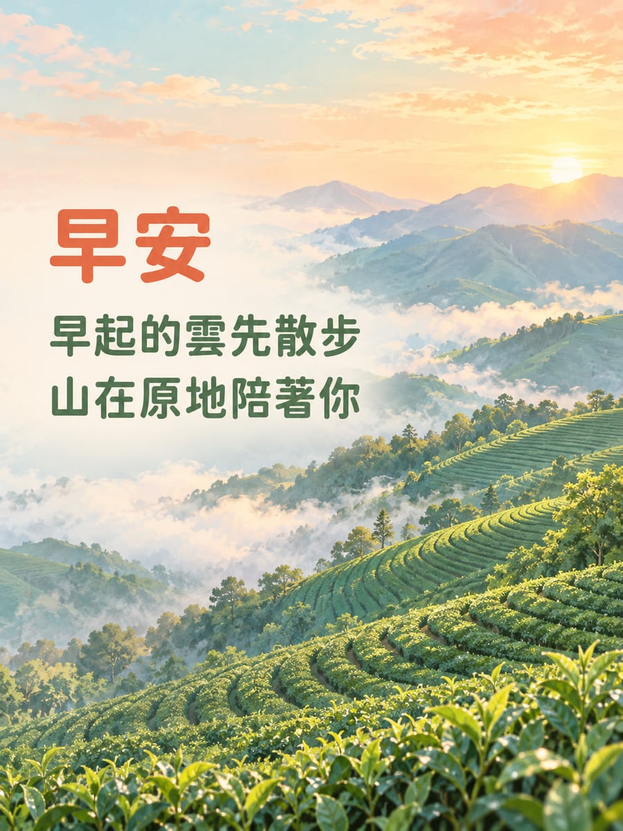 山陪雲散步。弧形茶田沿山坡展開，近處茶葉明亮，山谷低雲纏繞，遠方層層青藍山稜映著橘粉晨光。 圖中文字：早安，早起的雲先散步，山在原地陪著你