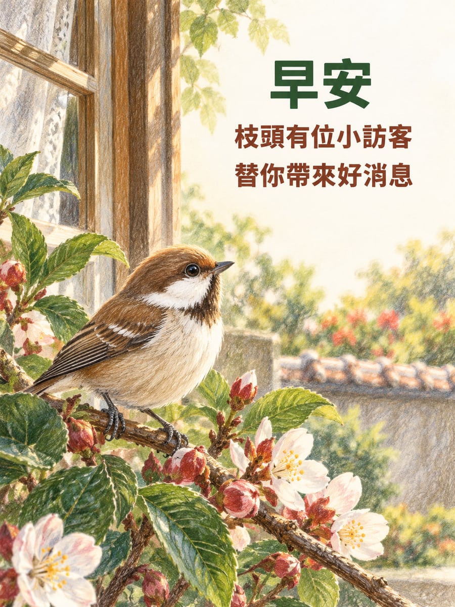 枝頭小訪客。褐白小鳥雙足抓住木窗外開花枝條，白色花朵和粉紅花苞在下方盛開，右上背景明亮柔和。 圖中文字：早安，枝頭有位小訪客，替你帶來好消息