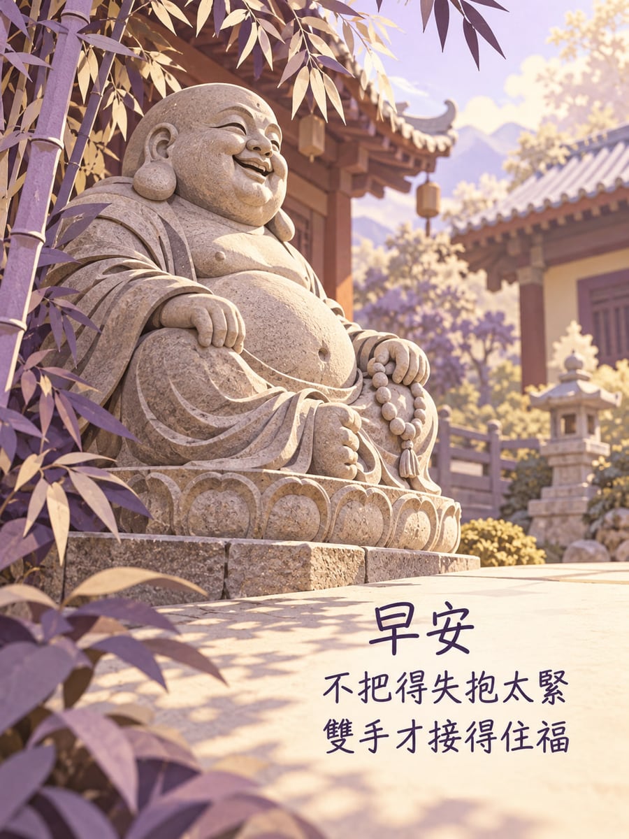 鬆手接住福。微笑石雕彌勒佛坐在蓮形石座上，右手附近垂著念珠，左側有紫褐竹葉，背景是寺院屋簷、石燈與柔和山影。 圖中文字：早安，不把得失抱太緊，雙手才接得住福