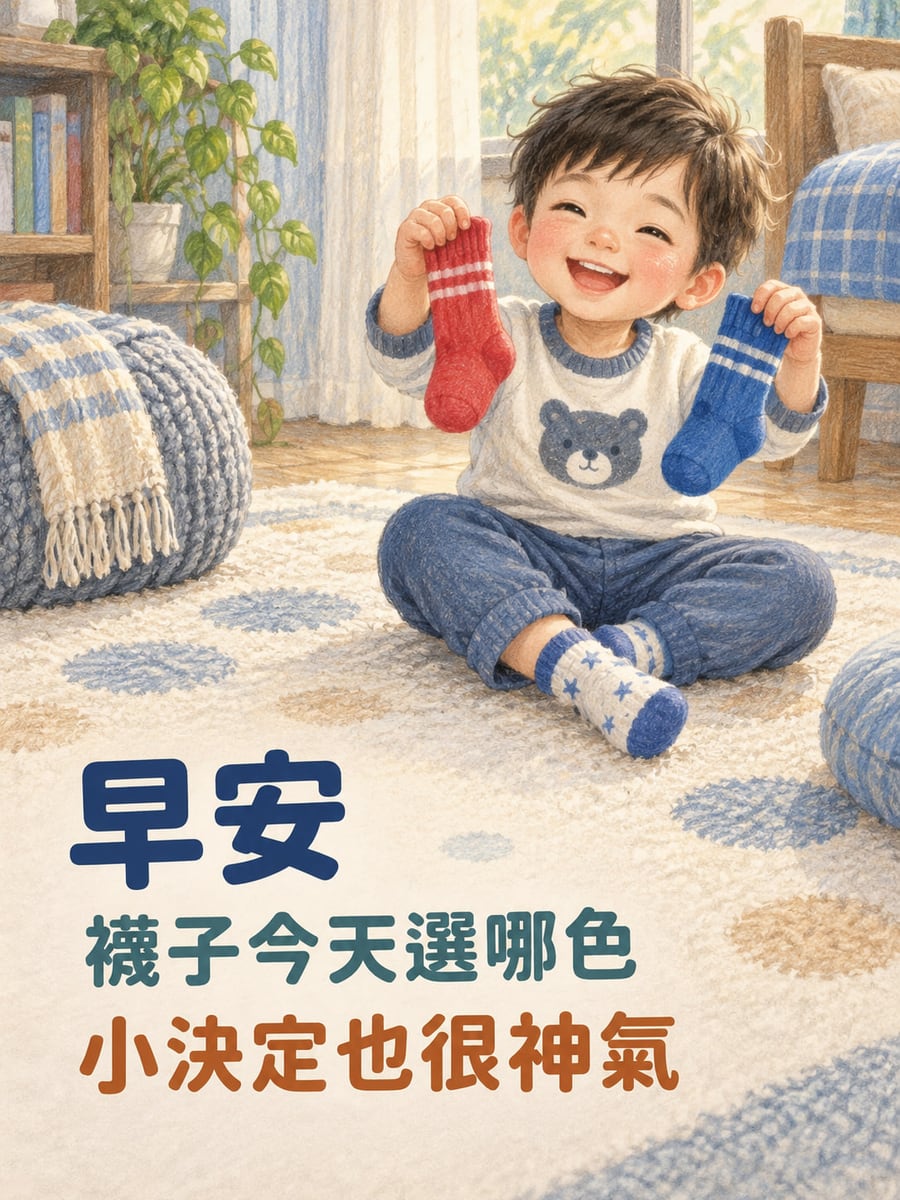 今天選哪色。一名幼童穿米白藍領熊圖案上衣與藍色長褲，盤坐在地毯上微笑，雙手分別舉起一隻紅襪與一隻藍襪；後方是窗邊木床和書架。 圖中文字：早安，襪子今天選哪色，小決定也很神氣