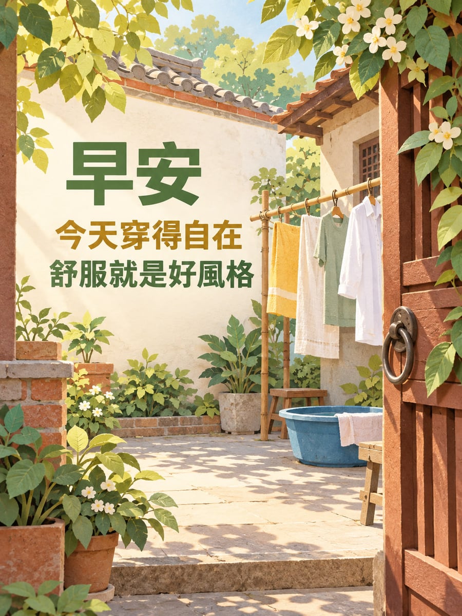 自在就是好風格。從半開木門看進老屋小院，竹竿上晾著白襯衫、綠色上衣與淡色布巾，藍水盆放在石地上，四周有盆栽和白花。 圖中文字：早安，今天穿得自在，舒服就是好風格
