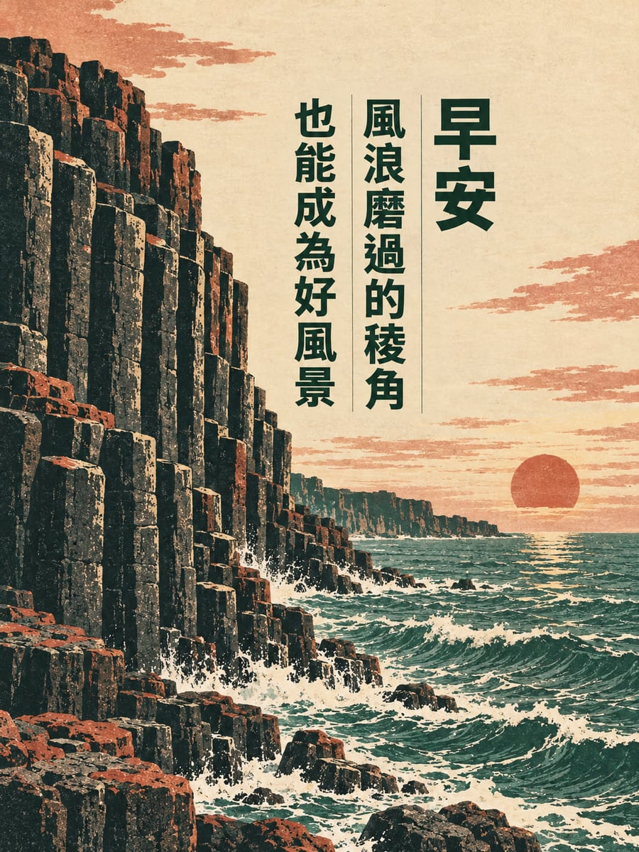 稜角的風景。高聳暗綠玄武岩柱排列在左側海岸，海浪拍打岩腳，右方米色天空有赭紅低日與雲紋。 圖中文字：早安，風浪磨過的稜角，也能成為好風景