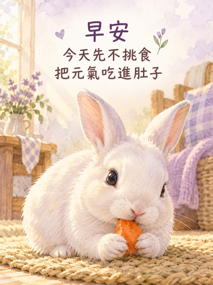元氣吃進肚。一隻白兔趴在家中草編地墊上，前爪靠著一小片胡蘿蔔啃食，後方有木家具、淡紫方格布與花瓶。 圖中文字：早安，今天先不挑食，把元氣吃進肚子