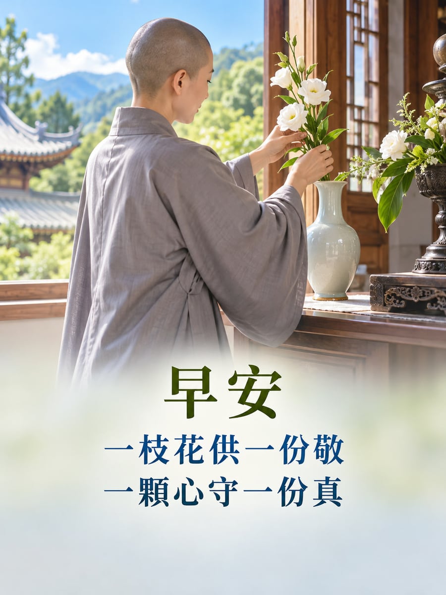一心守真。一名穿完整灰色僧衣的成年比丘尼背側朝鏡頭，在寺院木窗邊雙手整理白色花束，白瓷瓶在桌上，窗外是綠樹、屋簷和遠山。 圖中文字：早安，一枝花供一份敬，一顆心守一份真