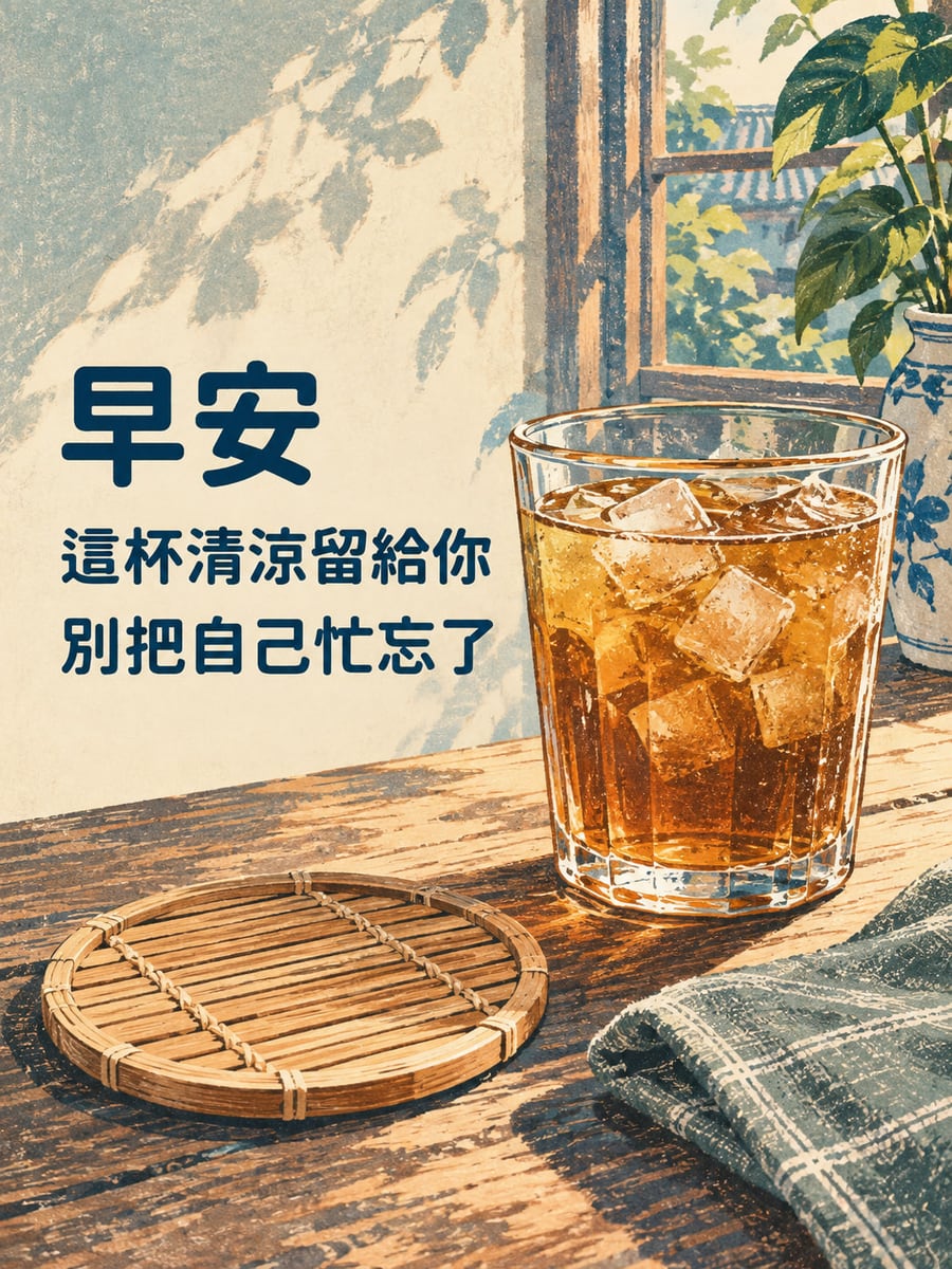 別把自己忙忘。圖中文字：早安，這杯清涼留給你，別把自己忙忘了