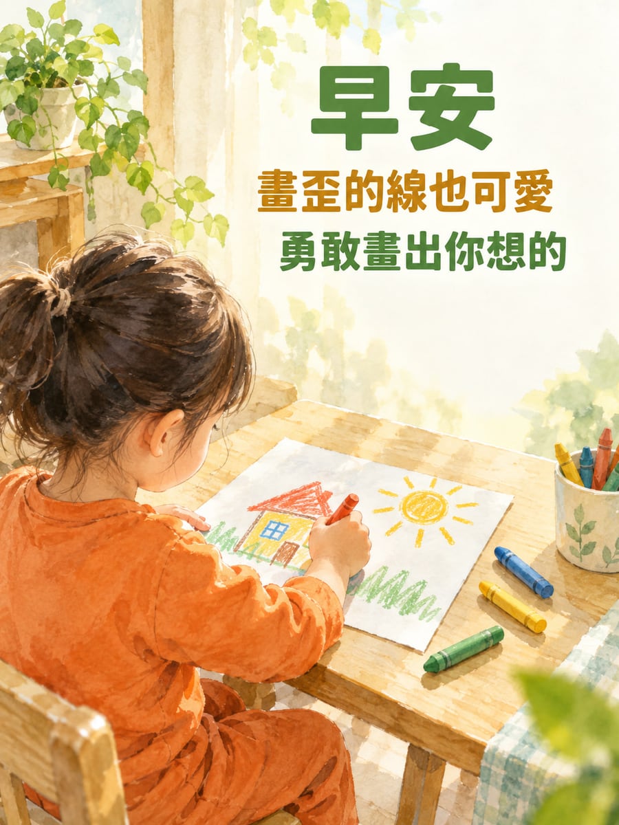 畫歪也可愛。一名穿橘色長袖上衣與長褲的幼童坐在木桌前，拿紅蠟筆在白紙上畫房屋、太陽和草地，桌上有其他蠟筆與無字筆杯。 圖中文字：早安，畫歪的線也可愛，勇敢畫出你想的