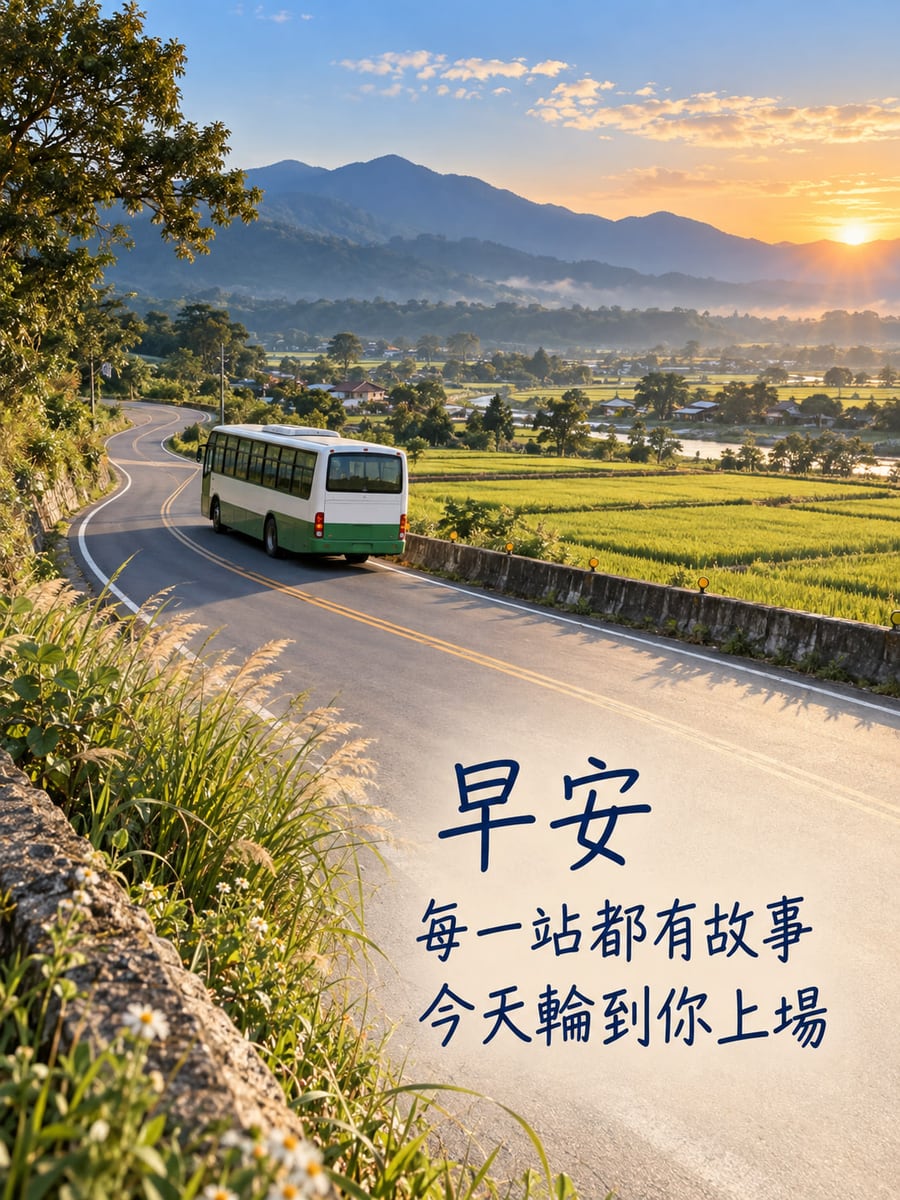 今天輪你上場。一輛無字綠白公車沿鄉間彎道向遠方行駛，右側是稻田與低屋，後方青藍山線和薄霧受金色低日照亮。 圖中文字：早安，每一站都有故事，今天輪到你上場