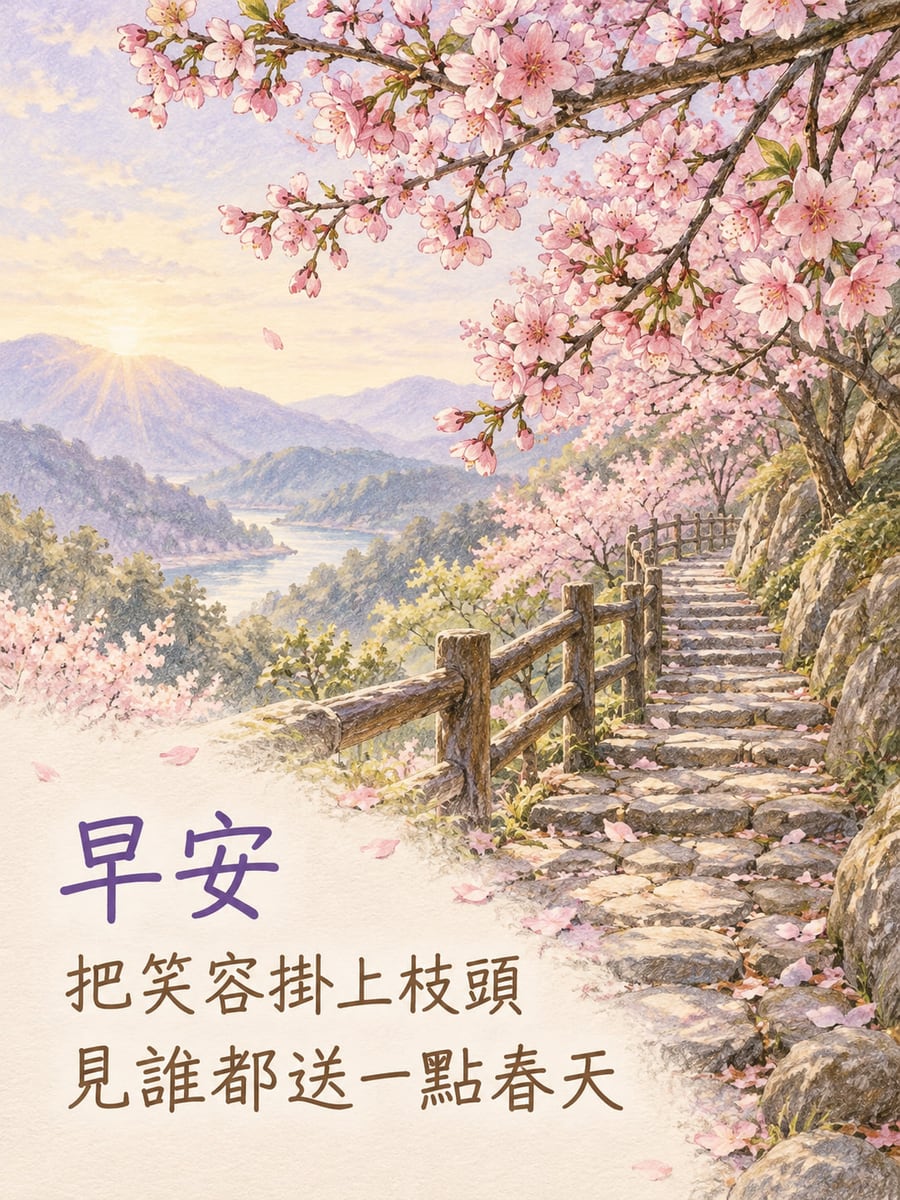 送你一點春天。粉紅櫻花枝從右上探入山間石階步道，木欄沿路延伸，少量花瓣落在石階上；左方可見層層淡紫山谷和水面。 圖中文字：早安，把笑容掛上枝頭，見誰都送一點春天