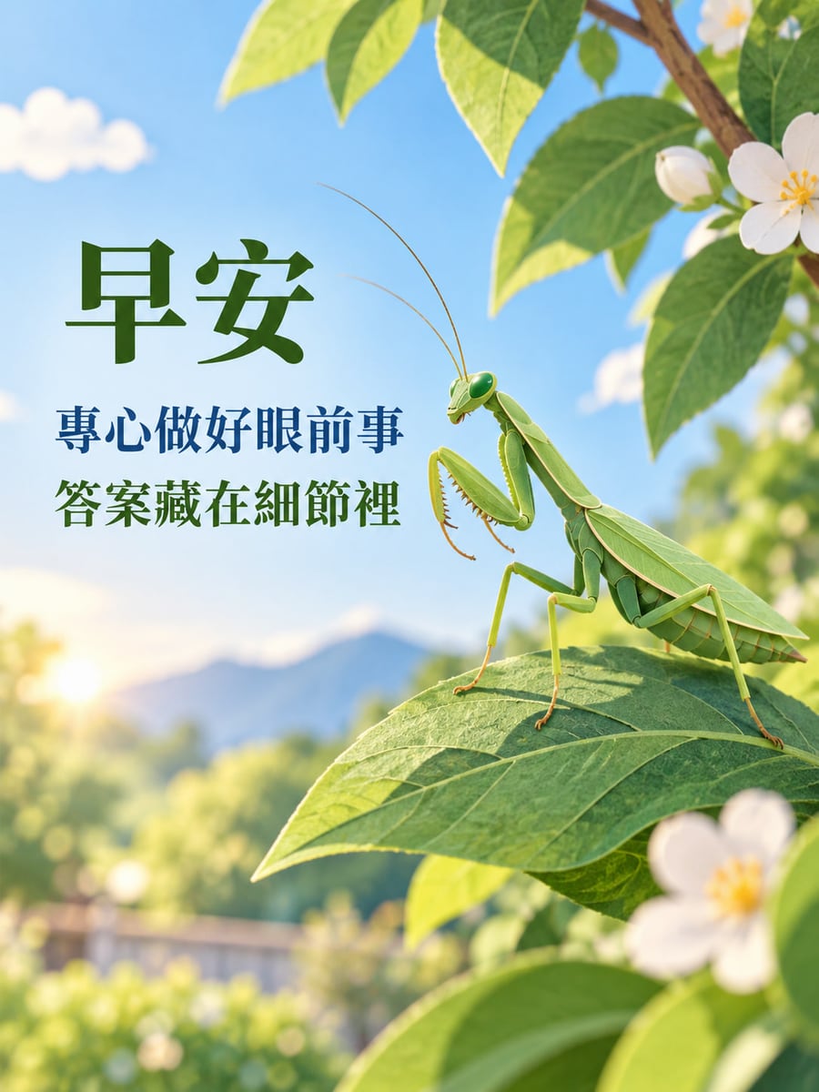 答案在細節。自然形態的綠色螳螂側身停在葉片上，兩條觸角完整，折起兩個捕捉前足，後方有藍天、白花和綠葉。 圖中文字：早安，專心做好眼前事，答案藏在細節裡