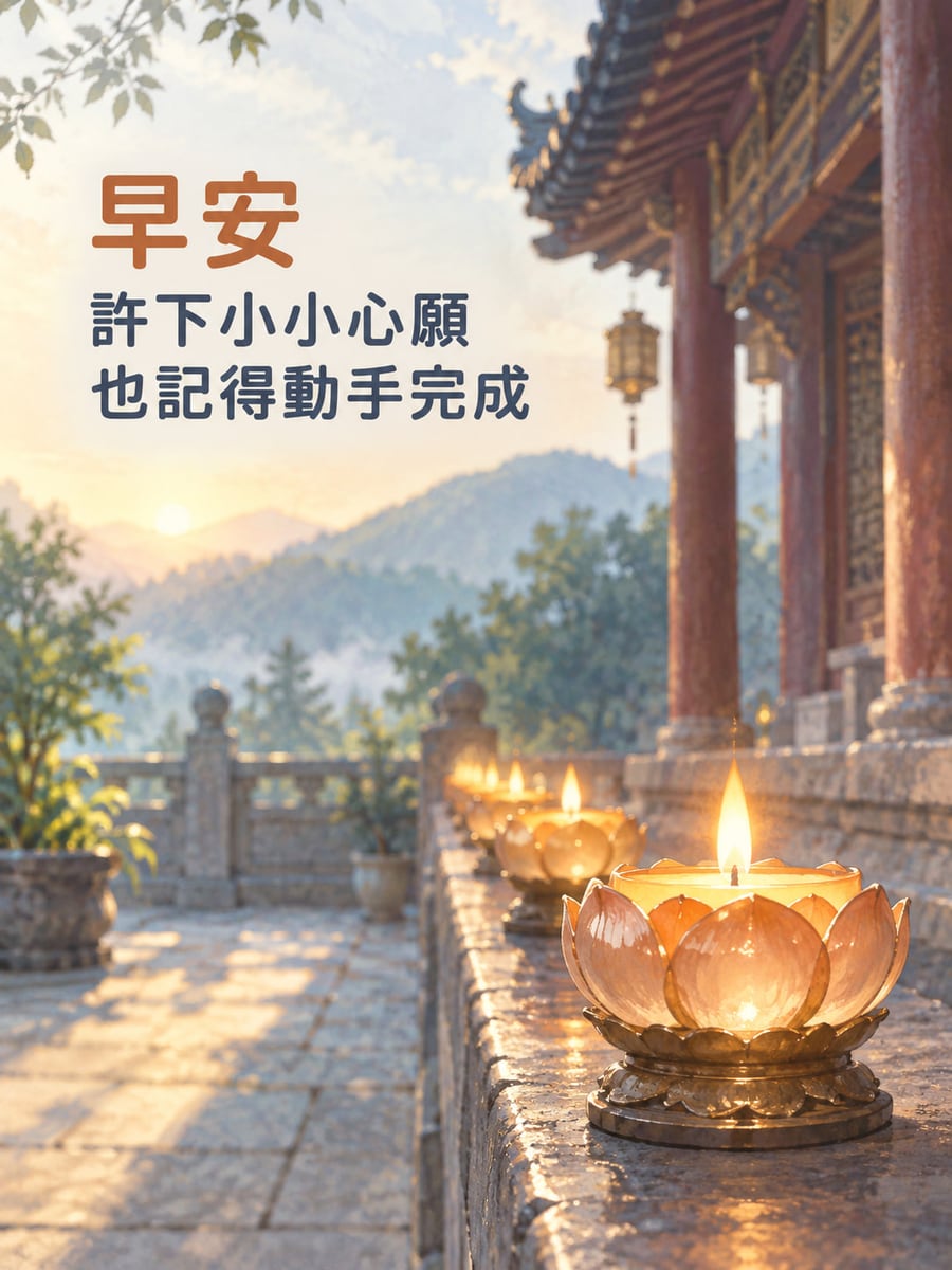 心願也動手。寺院石欄上一列無字蓮花供燈由右下近處向遠方延伸，近燈火焰明亮；右側紅柱殿宇與遠山晨日相映。 圖中文字：早安，許下小小心願，也記得動手完成