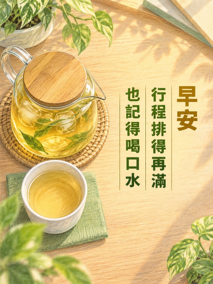 喝口水再忙。圖中文字：早安，行程排得再滿，也記得喝口水