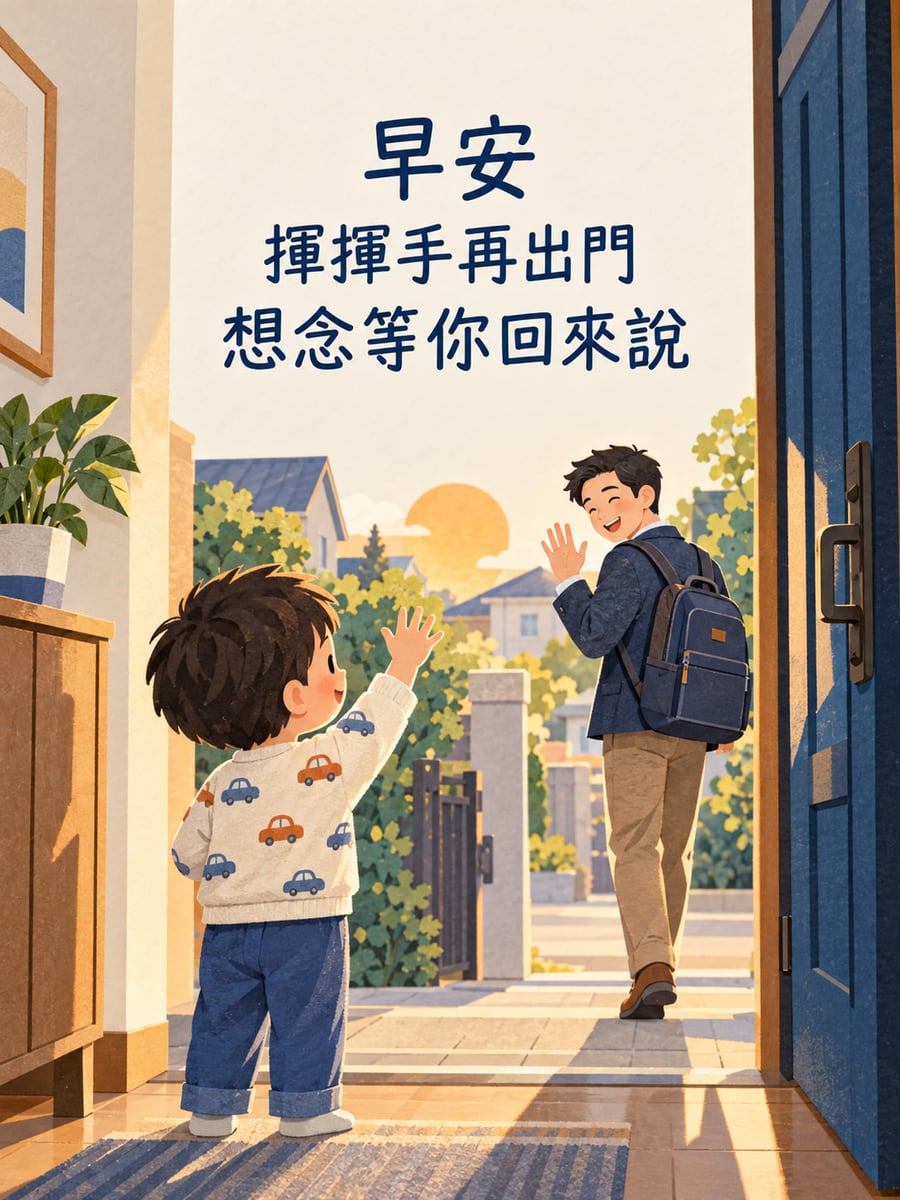 回來再說想念。穿汽車圖案長袖和長褲的幼童站在玄關內，向背日常背包、穿外套長褲走出門的爸爸揮手；父子皆微笑。 圖中文字：早安，揮揮手再出門，想念等你回來說