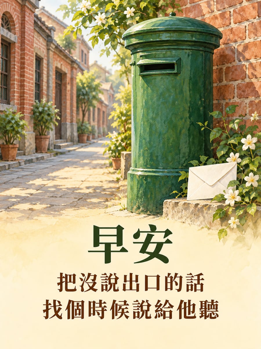 找個時候說。紅磚老街牆邊有一只無字綠色郵筒，旁邊白信封靠在石臺上，白花與綠藤點綴街道；遠景只有無字門窗和盆栽。 圖中文字：早安，把沒說出口的話，找個時候說給他聽