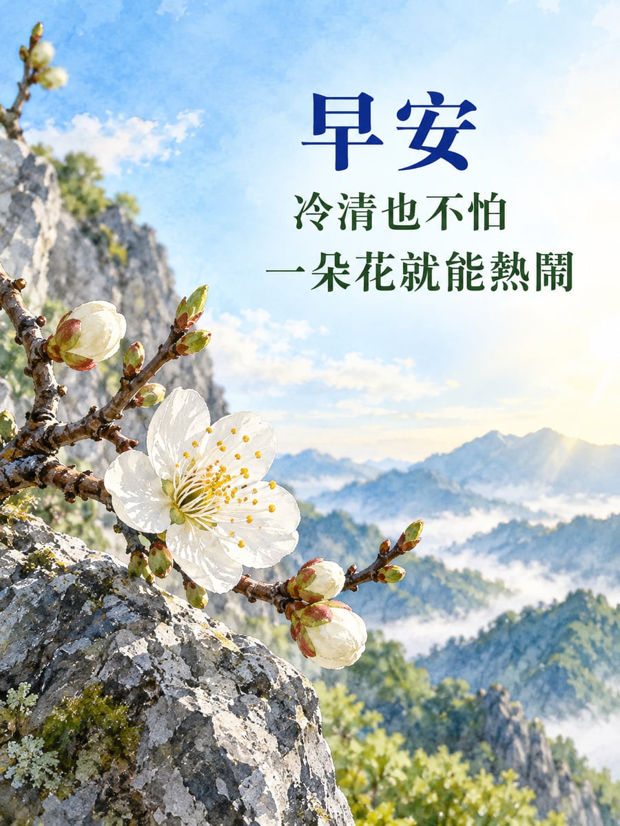 一朵就熱鬧。白梅一朵與數顆花苞從青灰岩石前斜向伸出，遠方山稜與雲海被晨光照亮。 圖中文字：早安，冷清也不怕，一朵花就能熱鬧