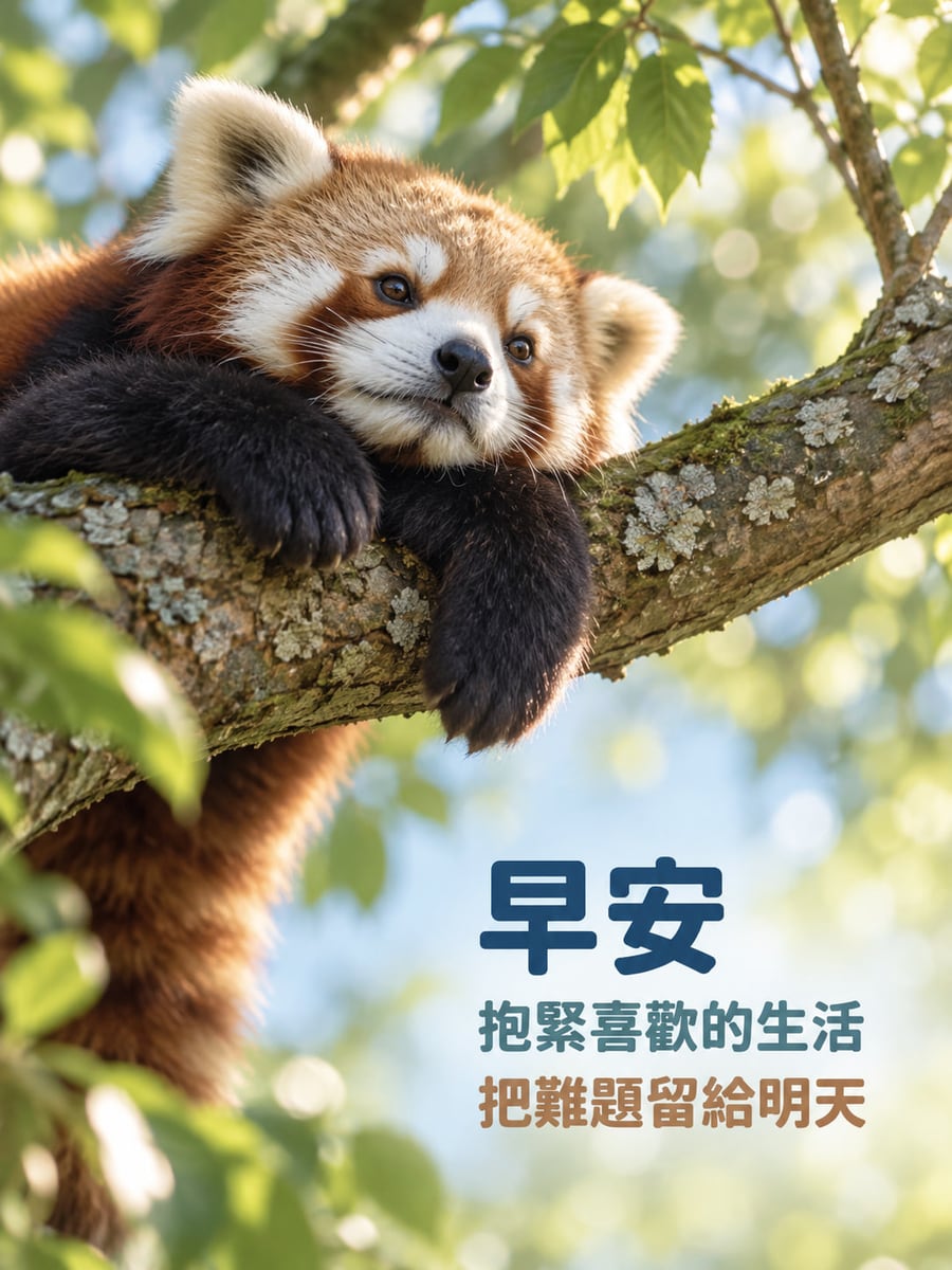 抱住喜歡的生活。一隻小貓熊趴在樹枝上，兩隻前爪自然搭著樹枝，其中一爪垂下，尾巴沿左下方落下；背景綠葉柔焦。 圖中文字：早安，抱緊喜歡的生活，把難題留給明天