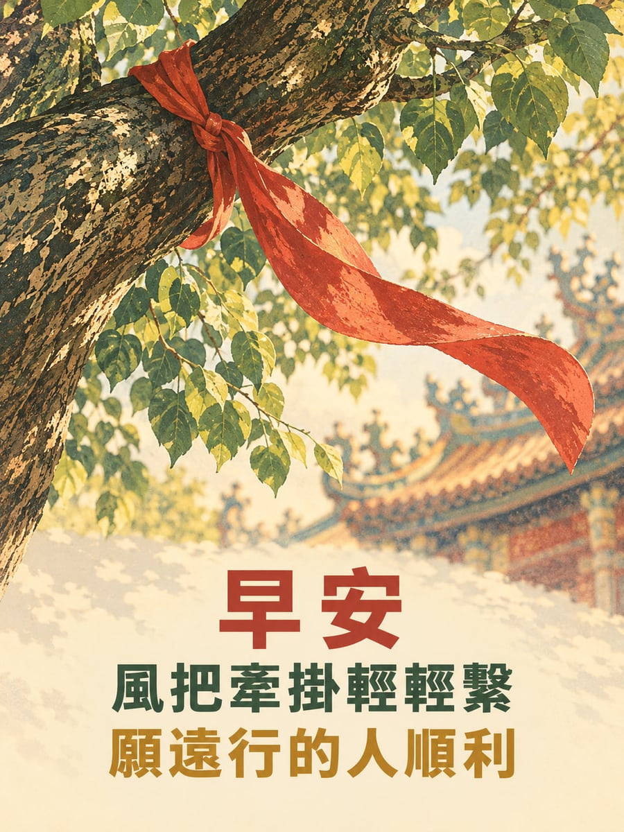 牽掛繫風裡。一條無字素紅布帶綁在老樹粗枝上，隨風向右飄動；綠葉與柔焦廟宇屋瓦在後方。 圖中文字：早安，風把牽掛輕輕繫，願遠行的人順利