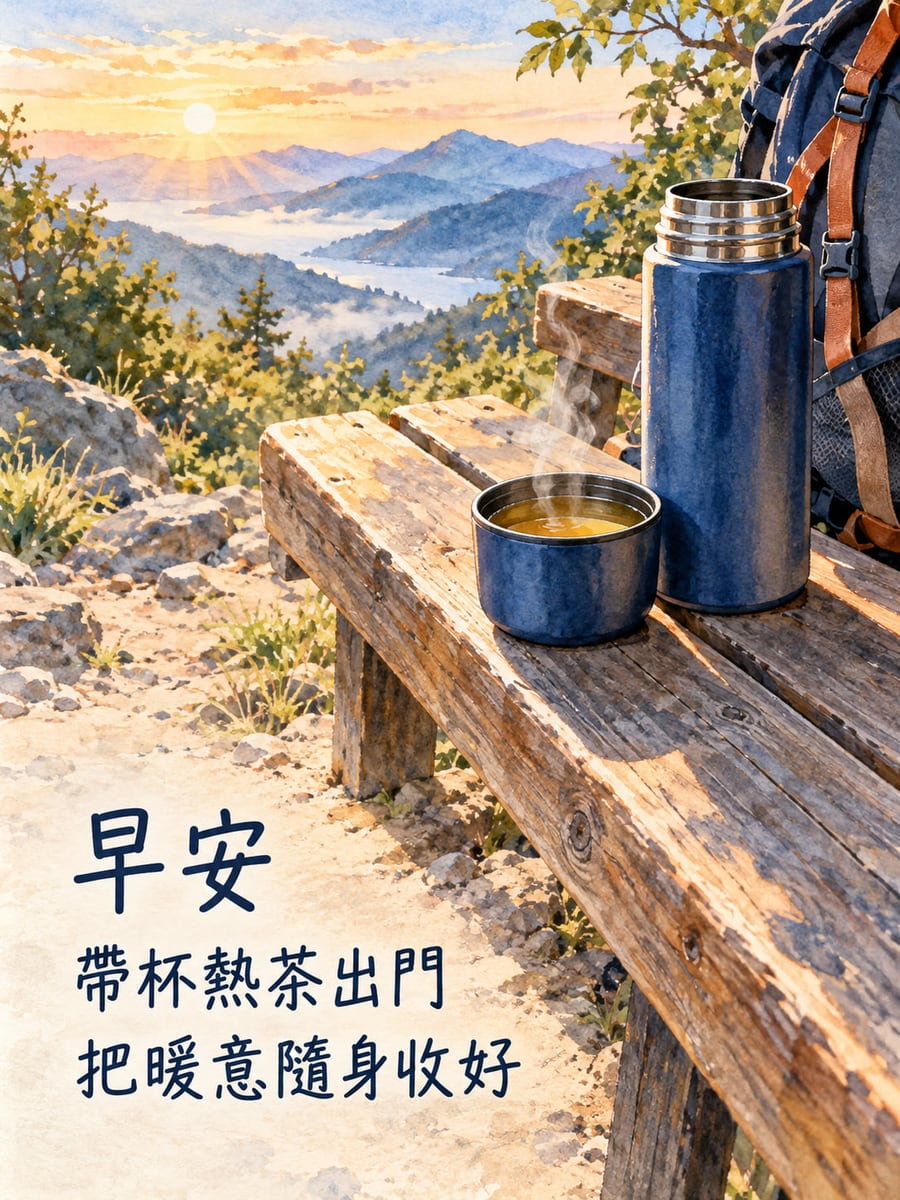暖意隨身。圖中文字：早安，帶杯熱茶出門，把暖意隨身收好