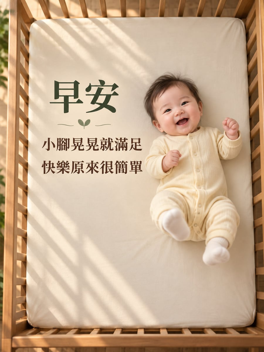 簡單的小滿足。一名穿米黃色完整連身衣與白襪的嬰兒仰躺在木嬰兒床內微笑，雙腳微抬；平坦床面只有貼合的素色床單。 圖中文字：早安，小腳晃晃就滿足，快樂原來很簡單