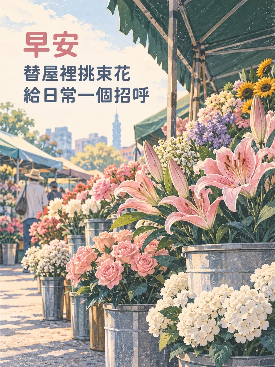 替日常選束花。台灣花市深綠雨棚下，金屬花桶裝著粉色百合、玫瑰、白花及遠處向日葵；通道遠方有少量背影，沒有可辨人臉。 圖中文字：早安，替屋裡挑束花，給日常一個招呼