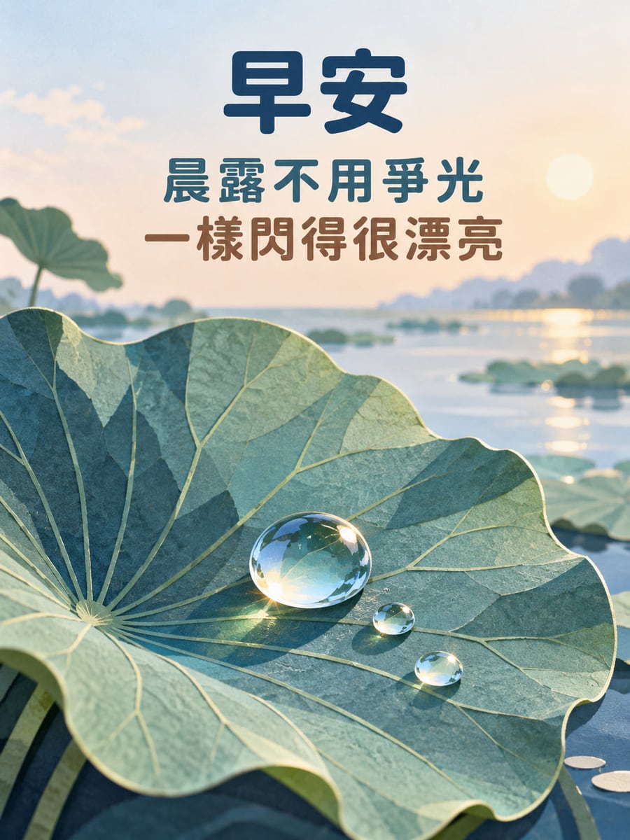 晨露自有光。一張展開葉脈的大荷葉承著三顆明亮晨露，背景是清晨池面與遠處荷葉，太陽映出暖光。 圖中文字：早安，晨露不用爭光，一樣閃得很漂亮