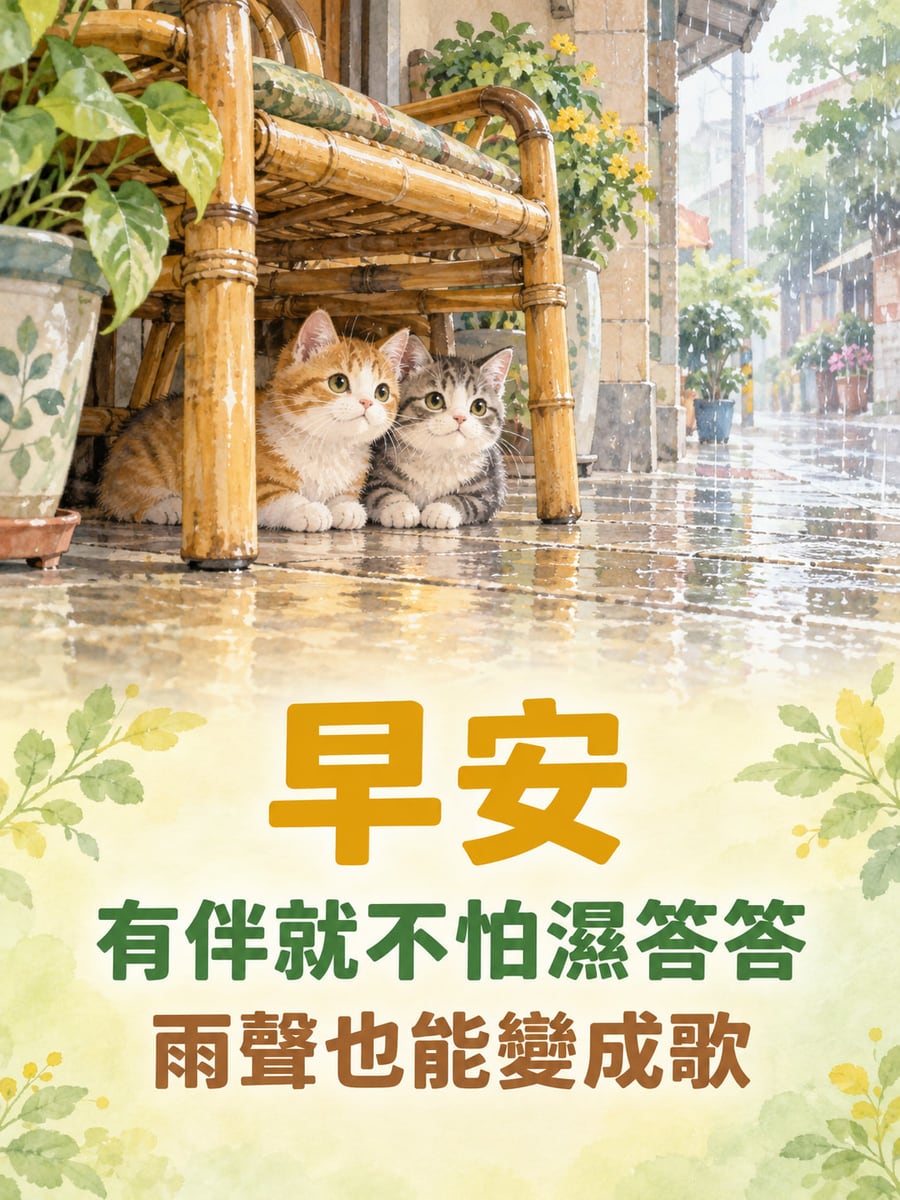 雨聲也成歌。兩隻橘白與灰白小貓並肩窩在住家騎樓竹椅下，毛髮乾爽；外側細雨落在濕地磚，旁邊有無字盆栽。 圖中文字：早安，有伴就不怕濕答答，雨聲也能變成歌