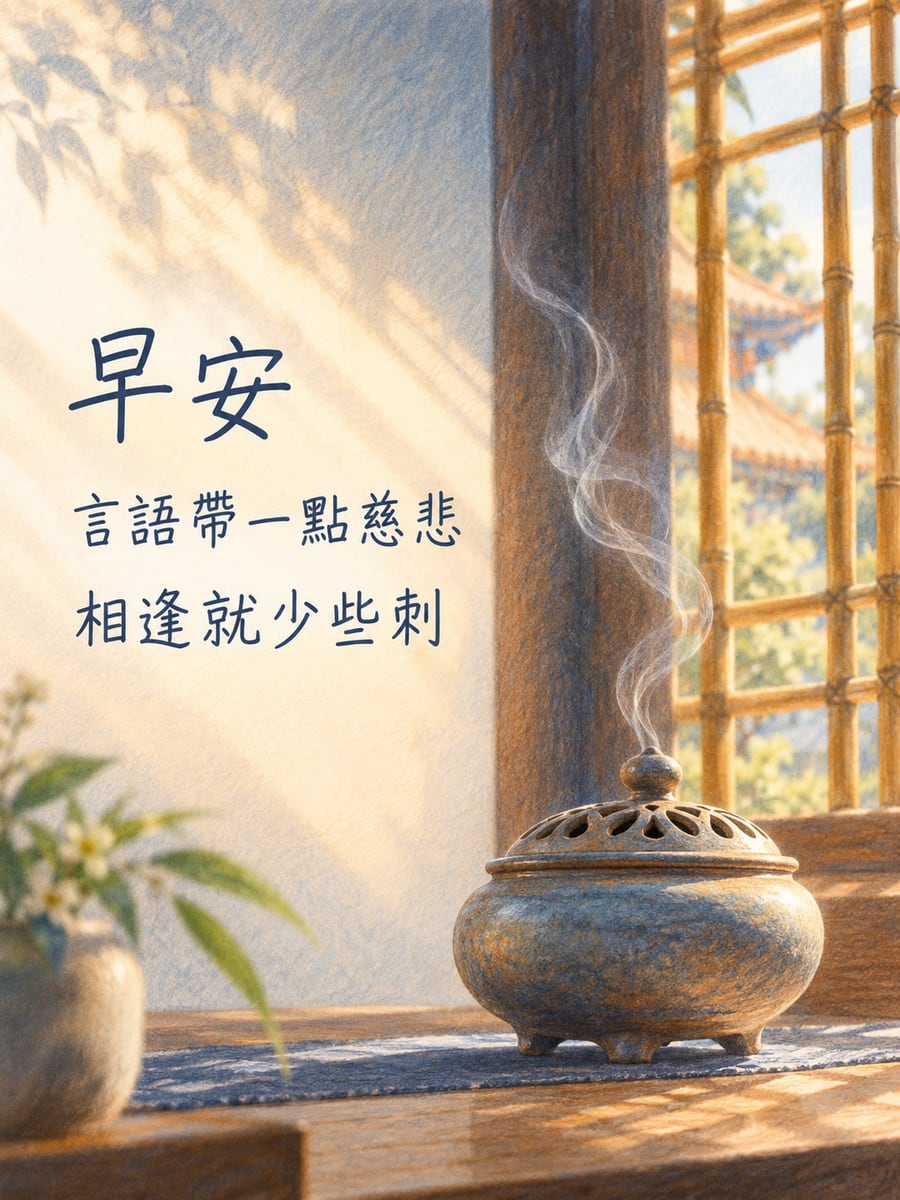 言語帶慈悲。灰藍素雅香爐置於木檯深藍布上，一縷輕煙沿窗框上升，竹格窗外有屋瓦及綠葉柔焦。 圖中文字：早安，言語帶一點慈悲，相逢就少些刺